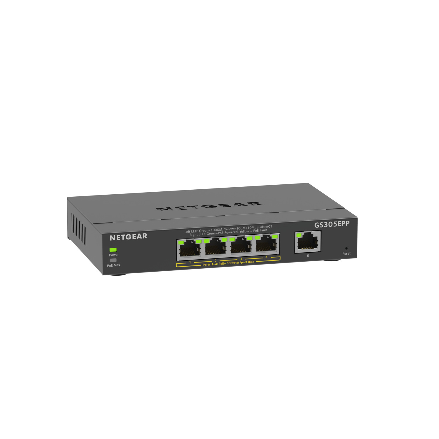 Commutateur NETGEAR noir avec ports et LED. L'étiquette indique GS305EPP.