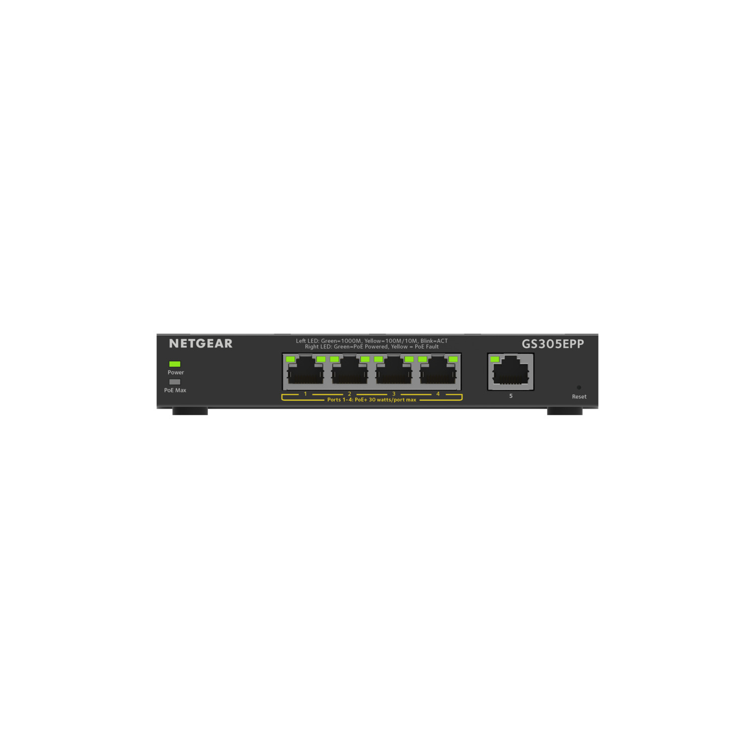 Switch Netgear GS305EPP. Noir, avec ports et LED, sur une surface blanche.