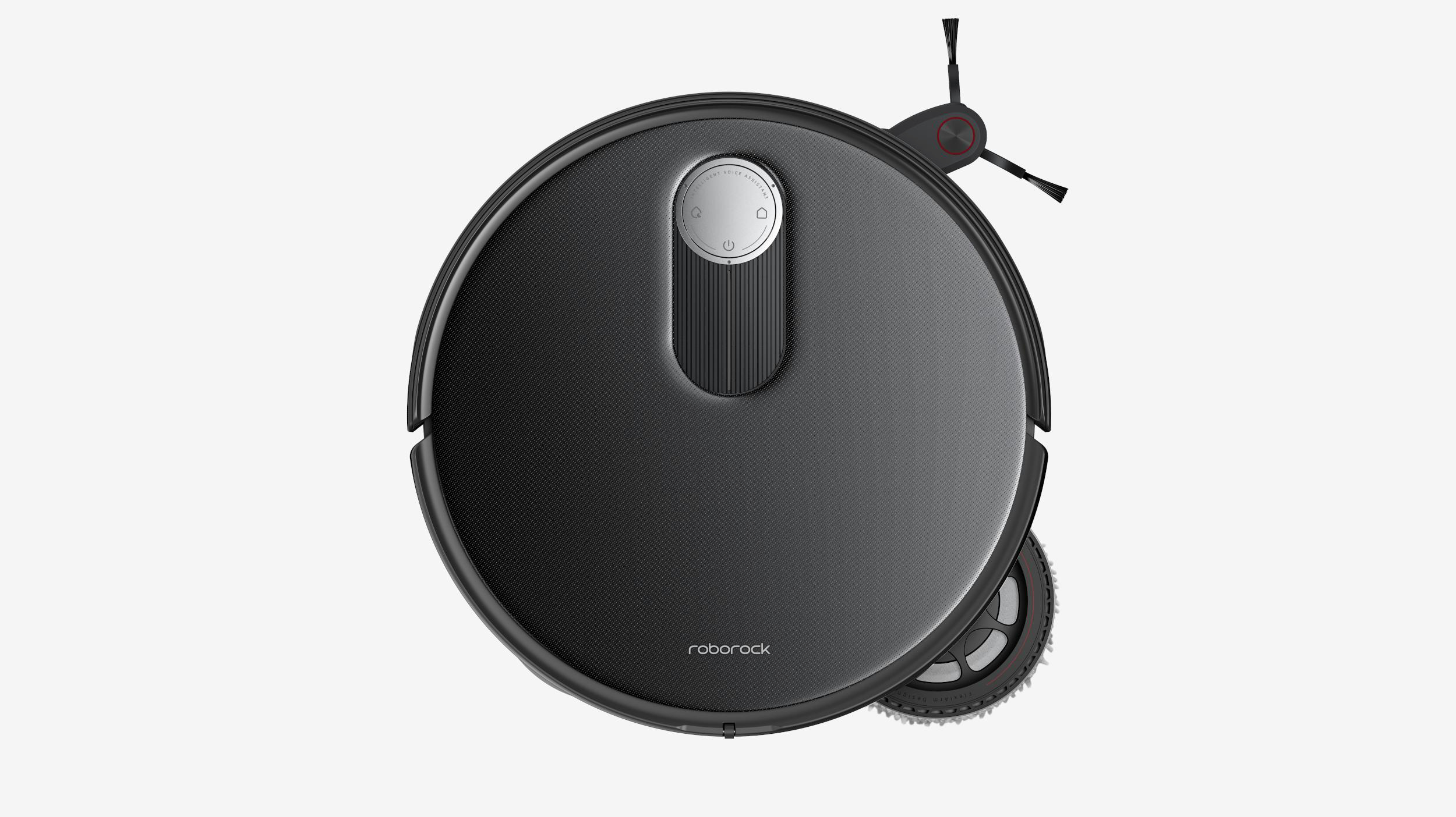 Schwarzer, runder Roboter-Staubsauger mit Seitenbürste.