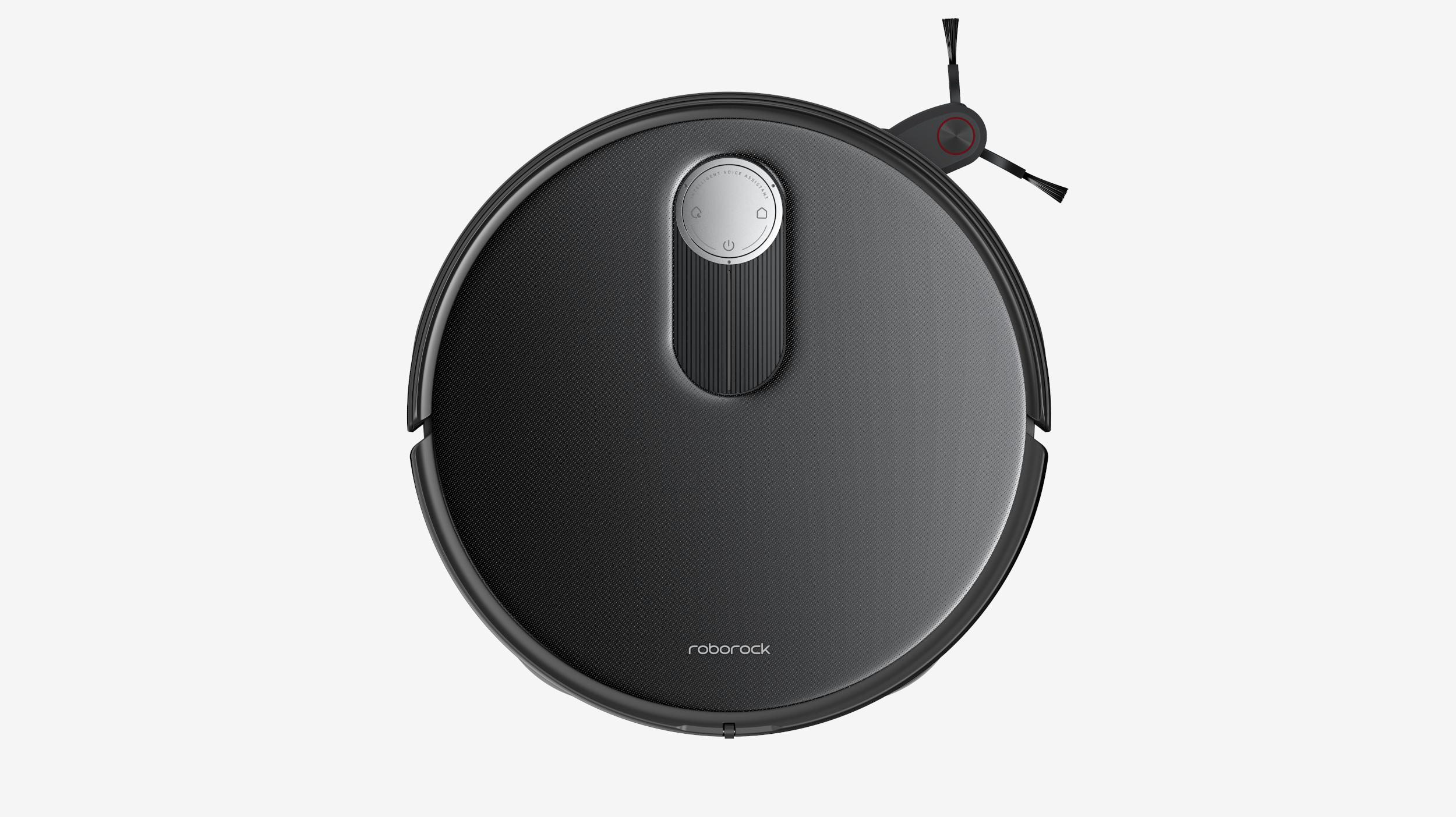 Schwarzer Roboter-Staubsauger, Draufsicht, auf weißem Hintergrund.