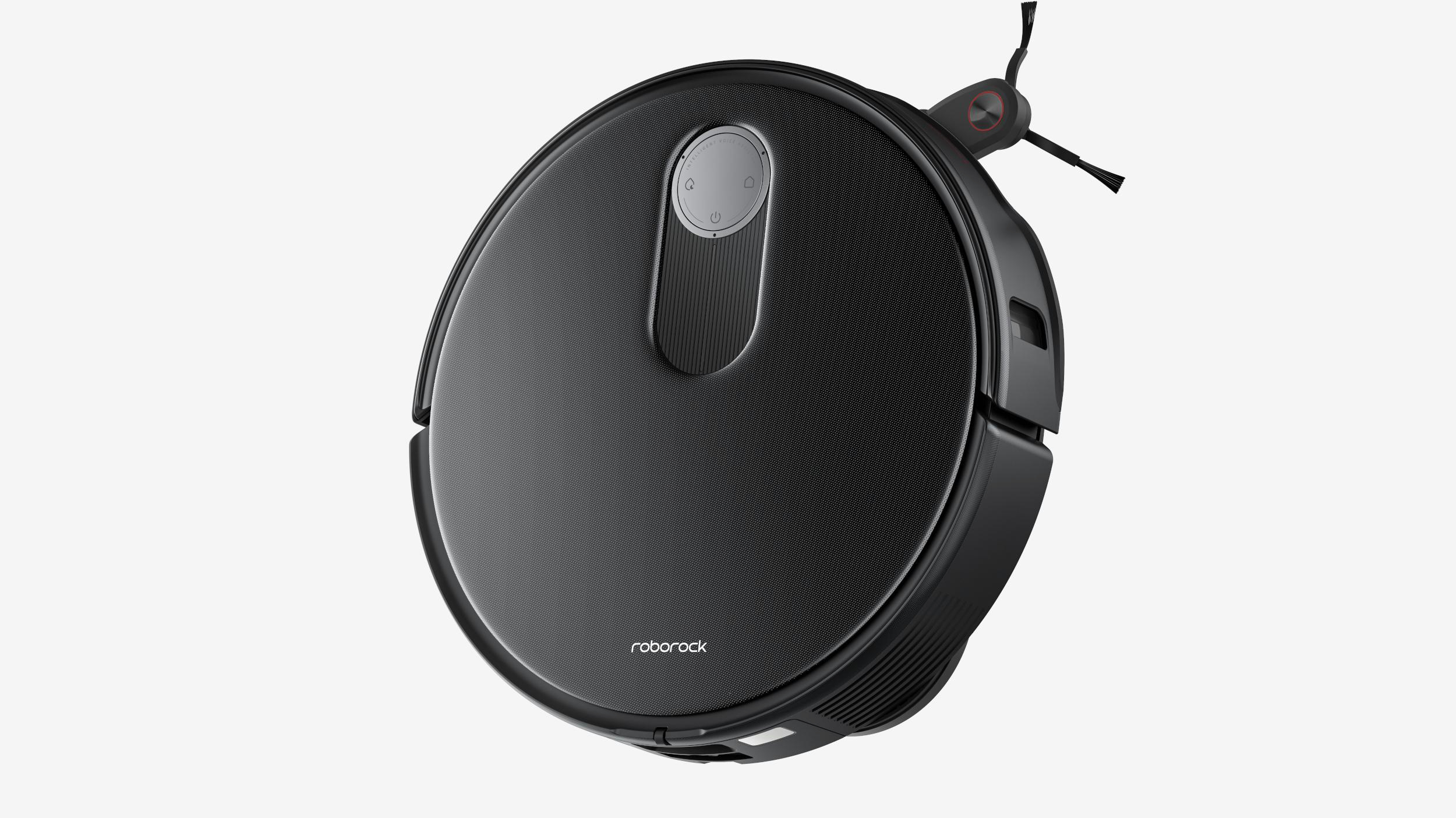 Ein schwarzer, runder Roboter-Staubsauger auf weißem Hintergrund. Er hat eine runde Form.