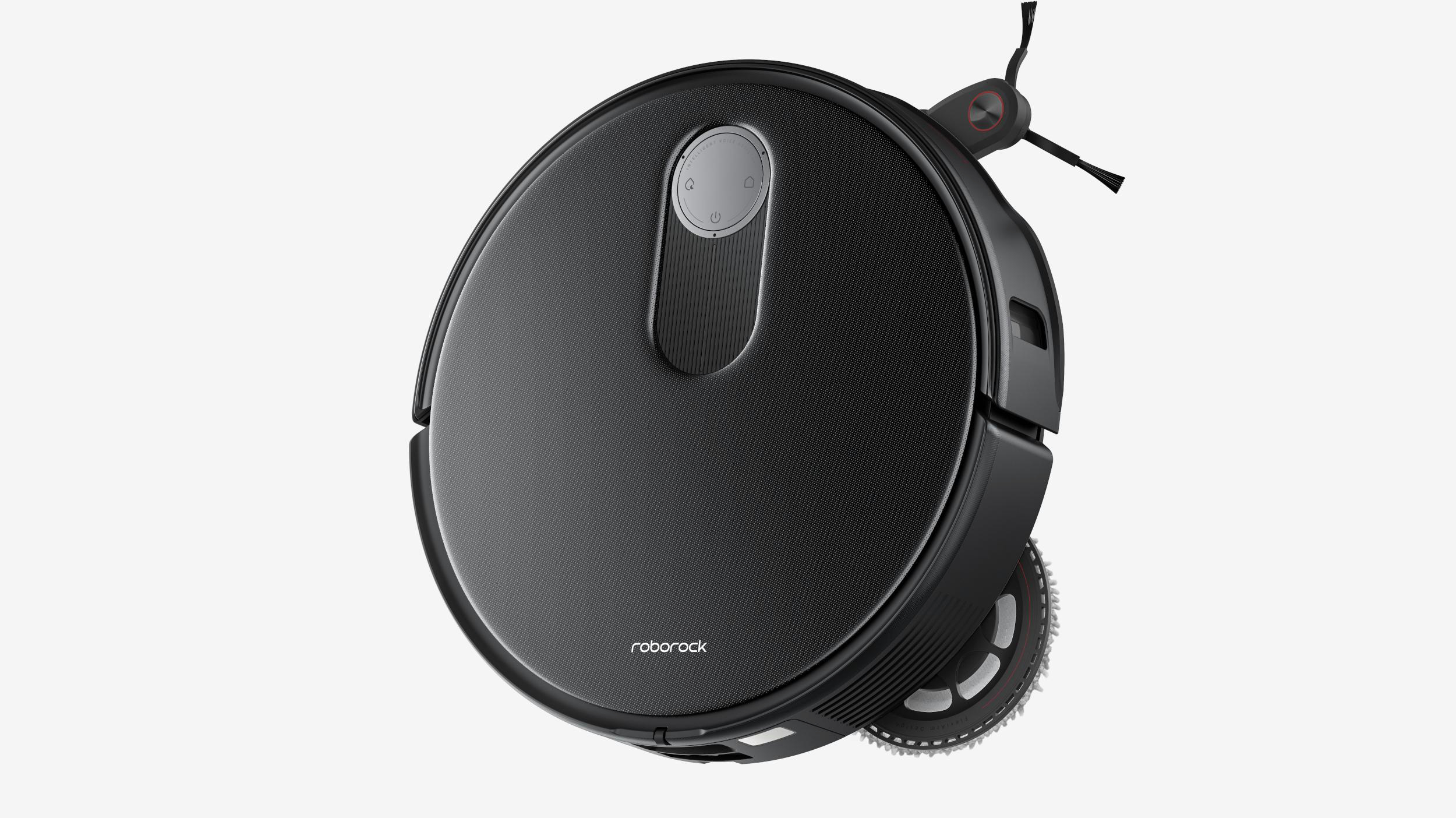 Schwarzer Roborock-Roboter-Staubsauger auf weißem Hintergrund.