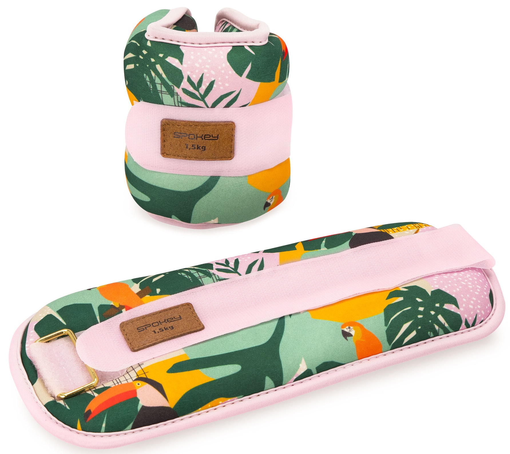 Dwa obciążenia z tropikalnymi wzorami liści i różowymi paskami.