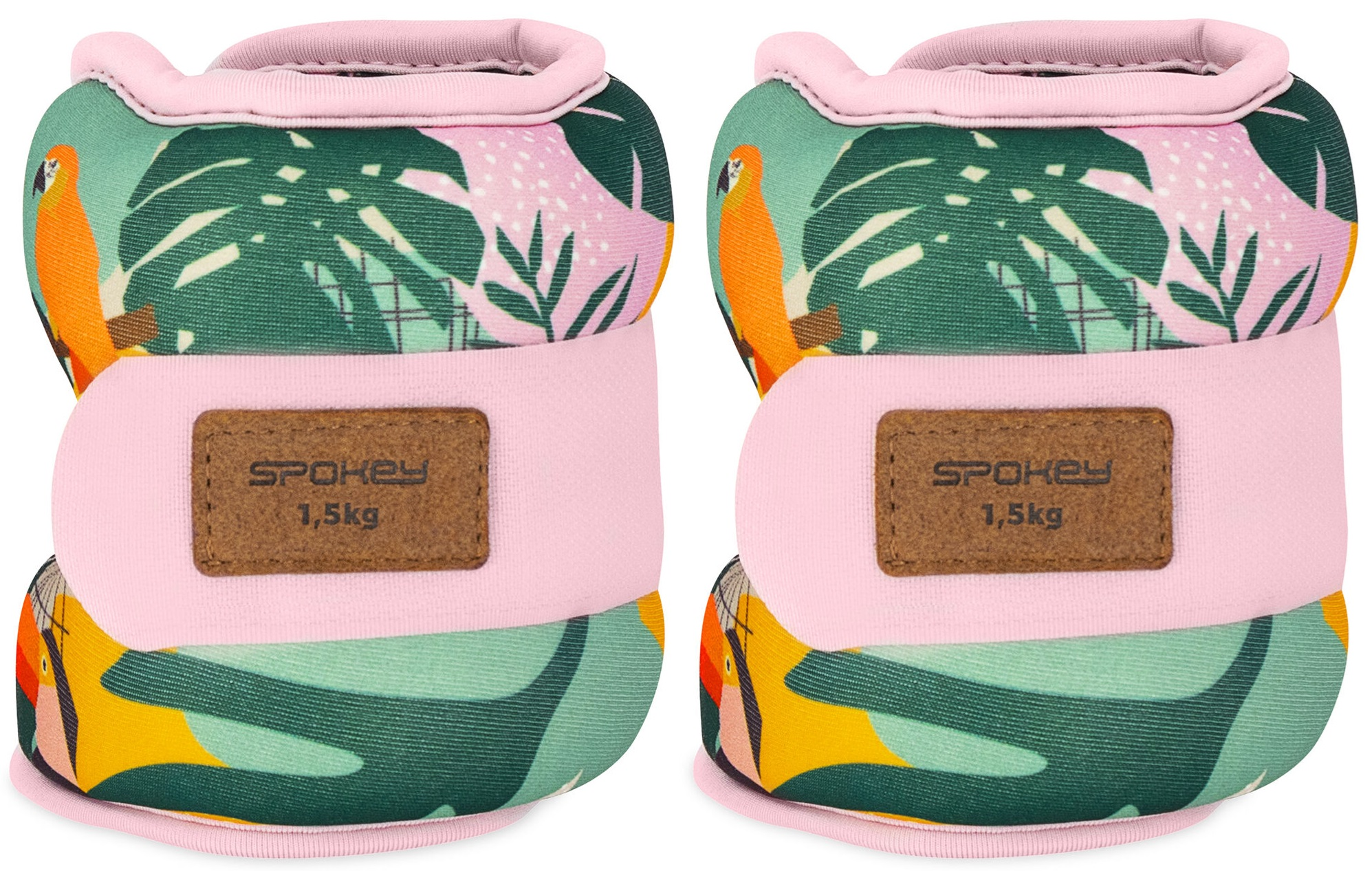 Dwa różowe i tropikalne obciążniki. Mają wzór papugi i liści. Marka to Spokey.