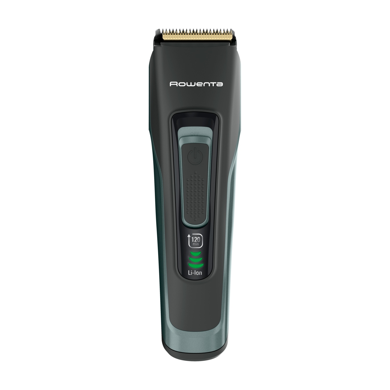 Tagliacapelli nero e grigio con pulsante di accensione e indicatore livello batteria.