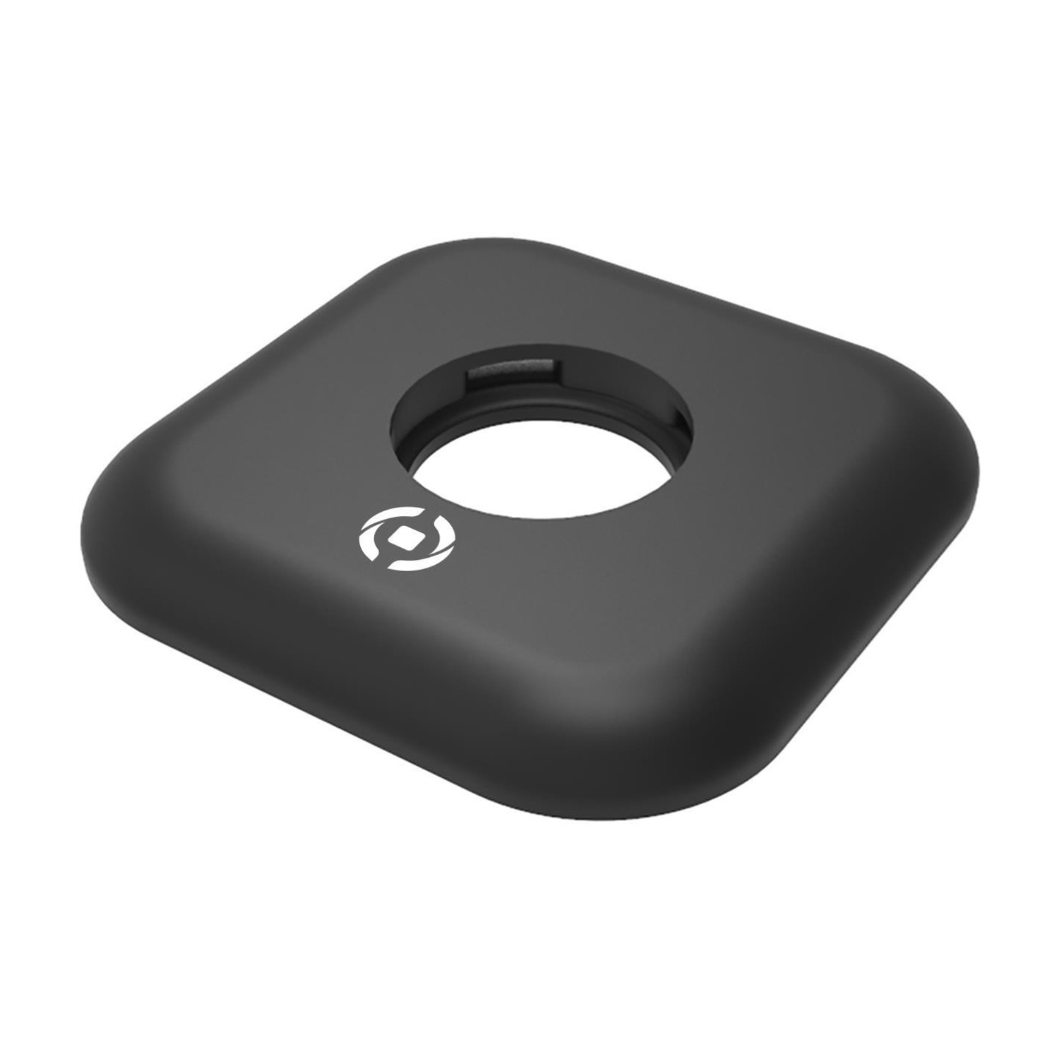 Dispositivo quadrato nero con un foro al centro e un logo. Sfondo bianco.