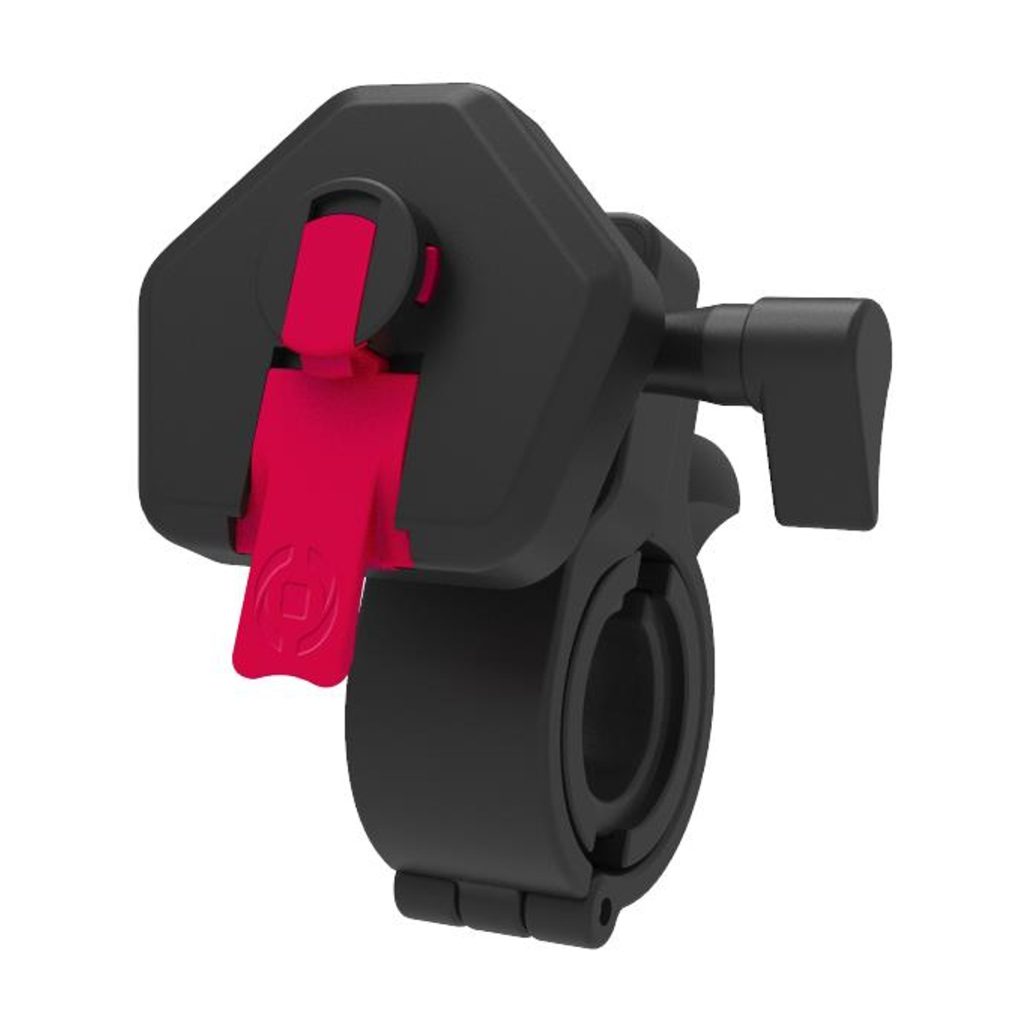 Accessorio per bicicletta nero e rosso, con un morsetto di montaggio e leva rossa.