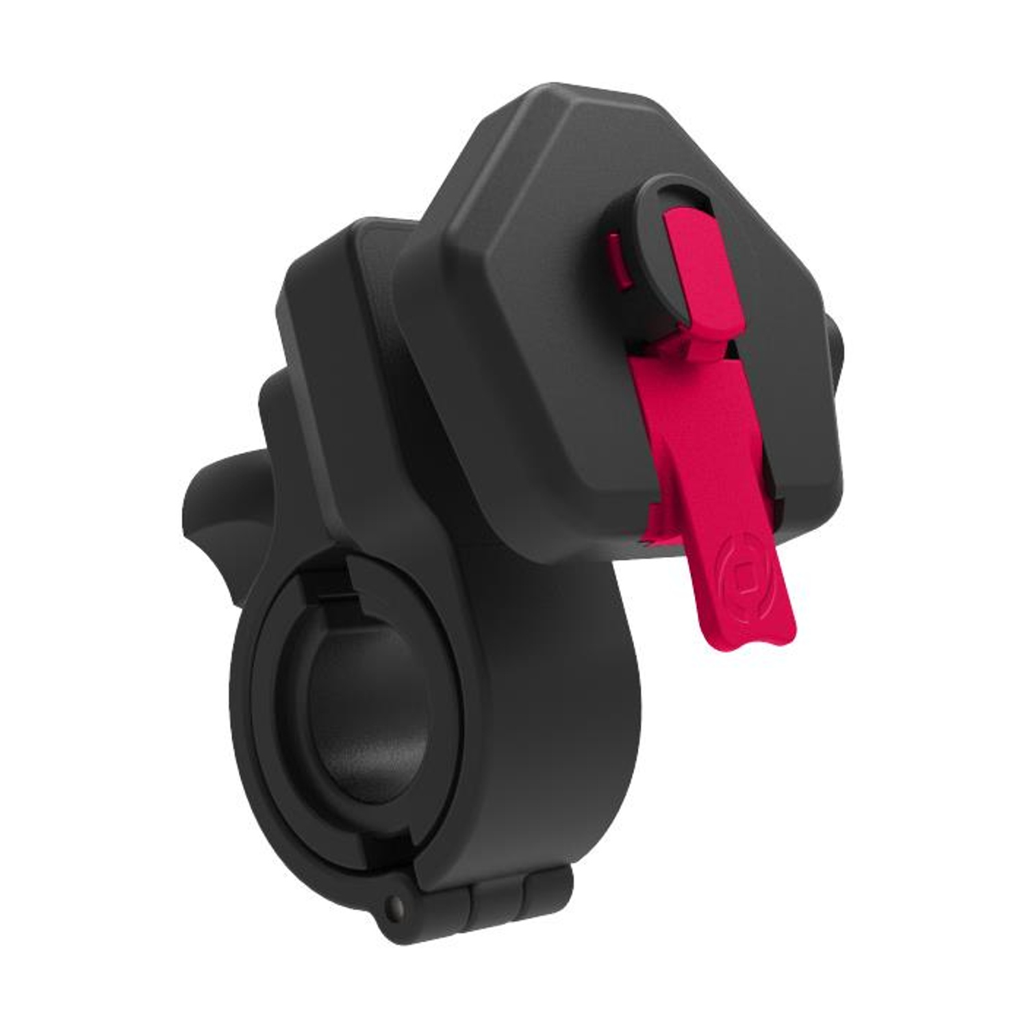 Supporto per bici nero con linguetta di rilascio rossa, primo piano.
