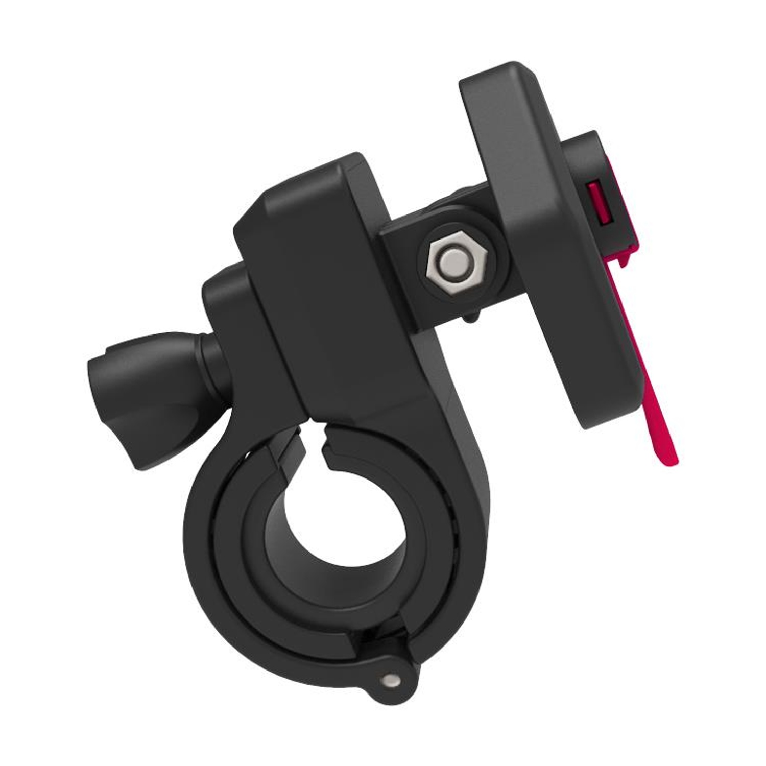 Un supporto per telefono nero per il manubrio di una bicicletta, con un accento rosso.