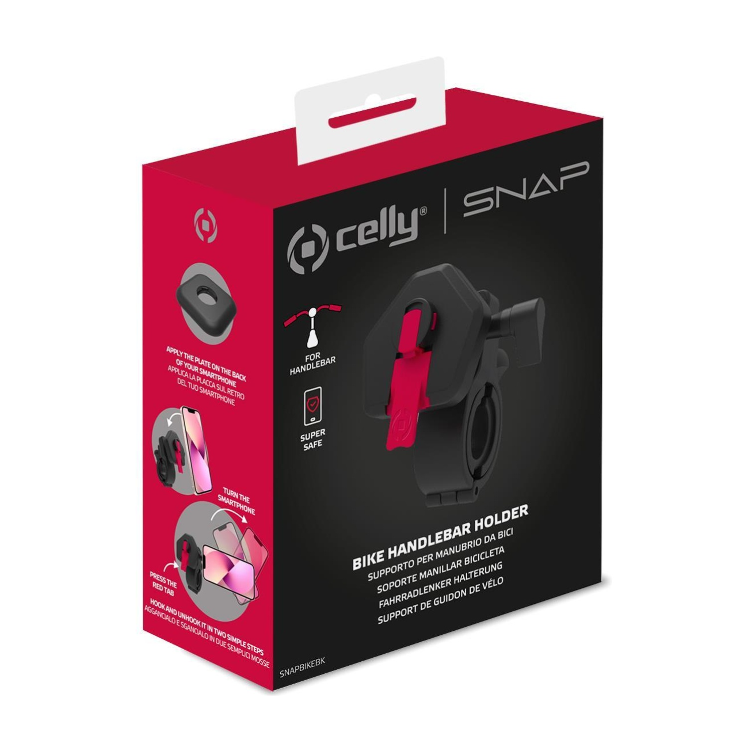 Scatola per supporto manubrio bici rossa e nera. Ha un supporto rosso con base nera. La scatola mostra come usarlo.