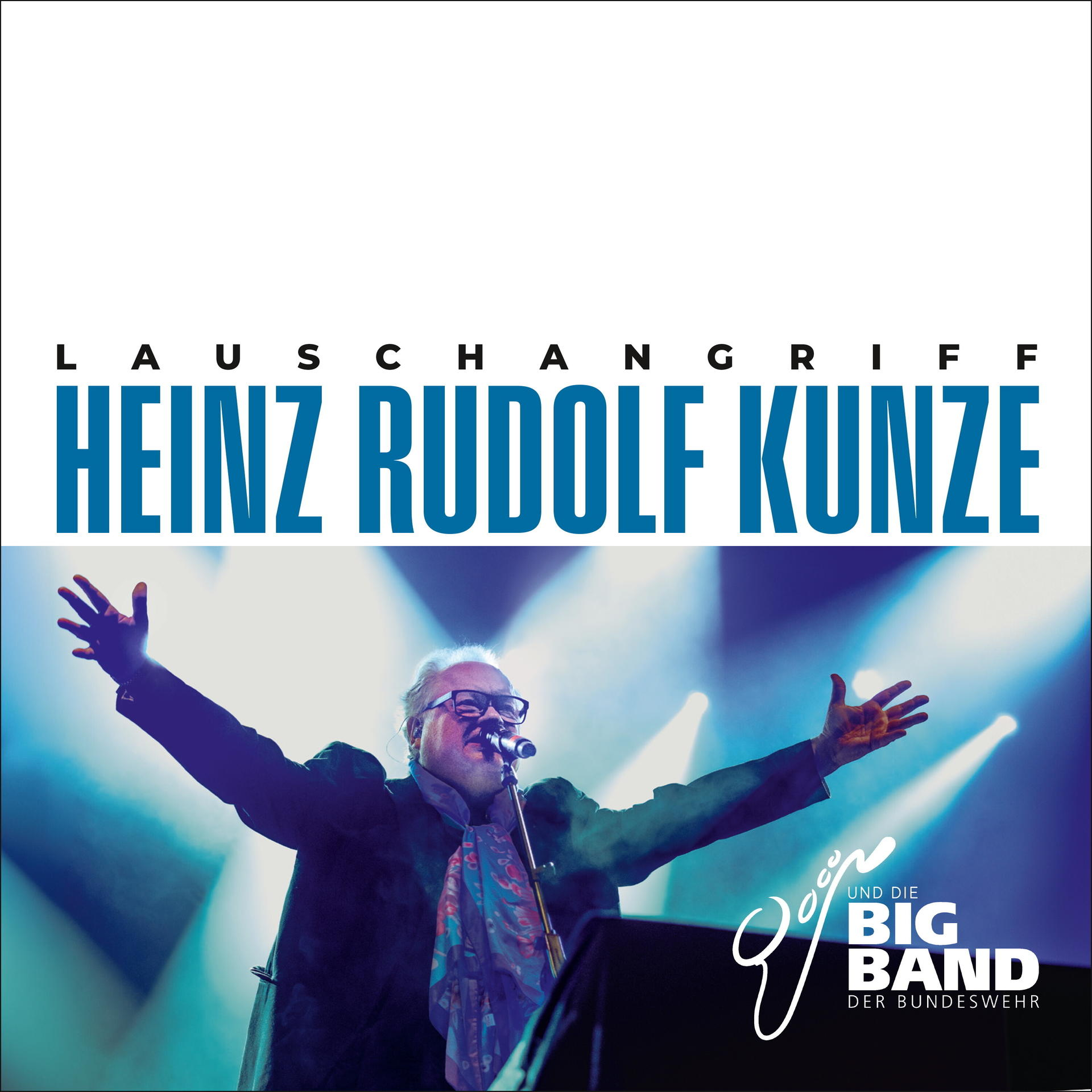 Albumcover von 'Heinz Rudolf Kunze'. Mann singt mit offenen Armen. Blau-weißer Hintergrund. Big Band.