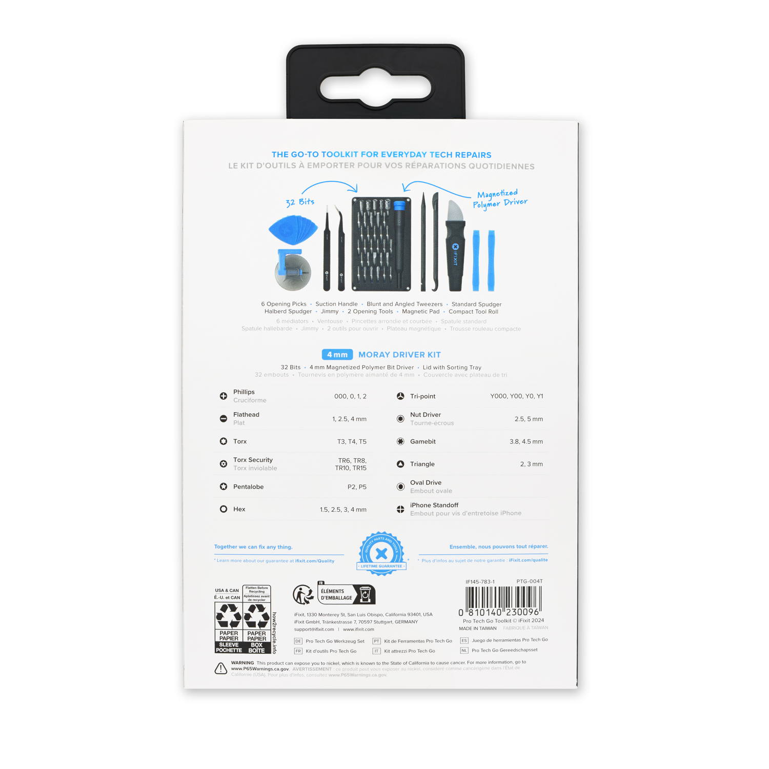 Tool kit packaging with tools inside. Text on the box: 52 bits, 32 bits, and more.