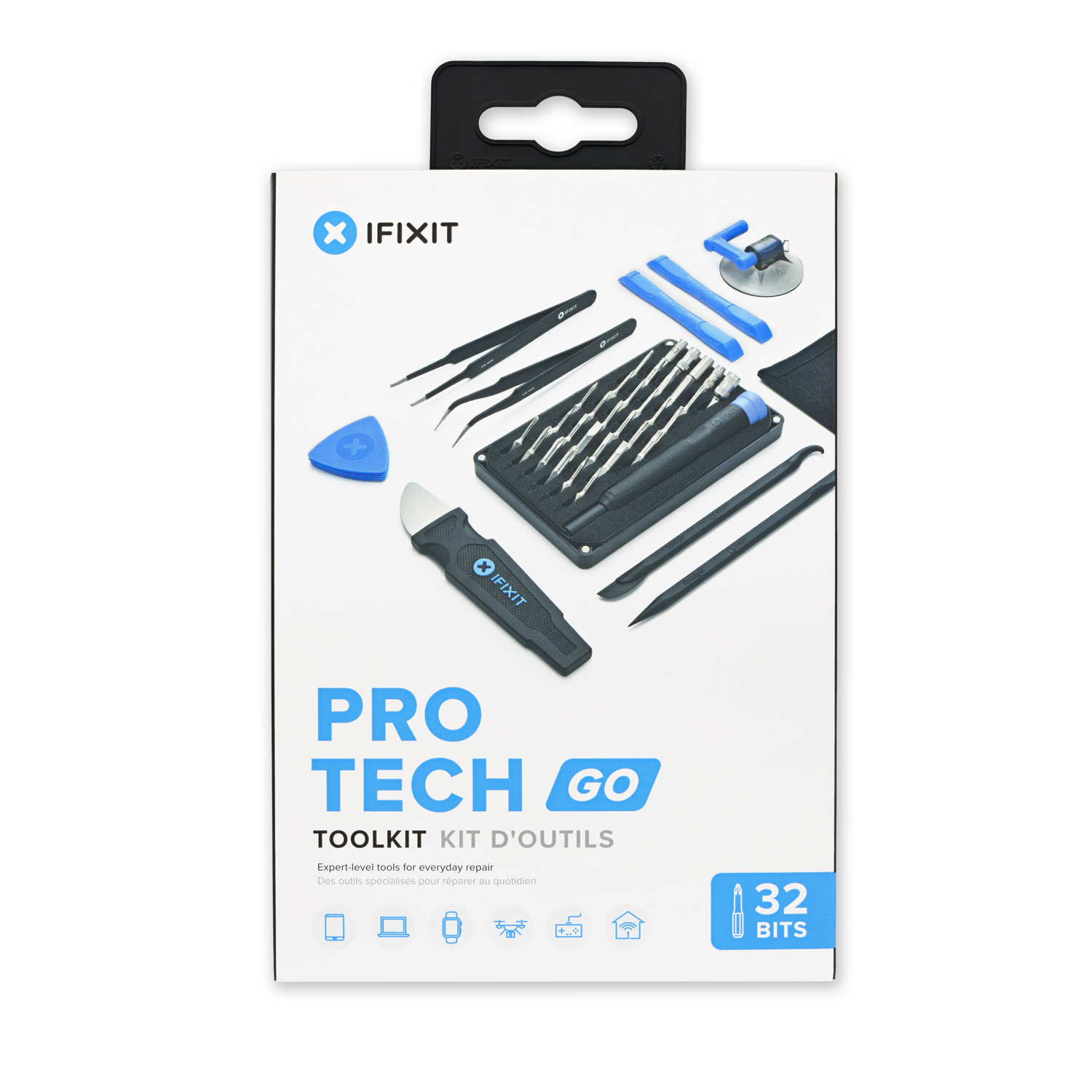 Box with repair tools. The box is white with black and blue tools. White background.