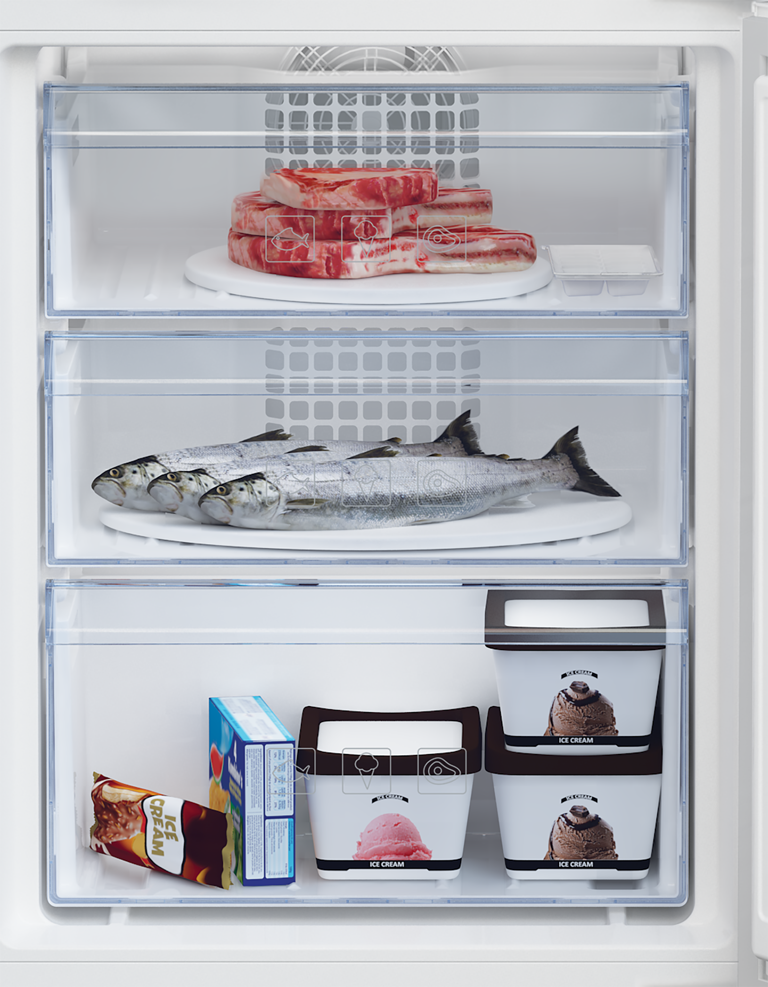 Gefrierschrank mit Fleisch, Fisch und Eis. Klare Schubladen mit Essen.