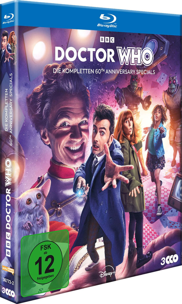 DVD-Cover von Doctor Who. Das Cover zeigt Schauspieler und den Titel 'Die kompletten 60th Anniversary Specials'.