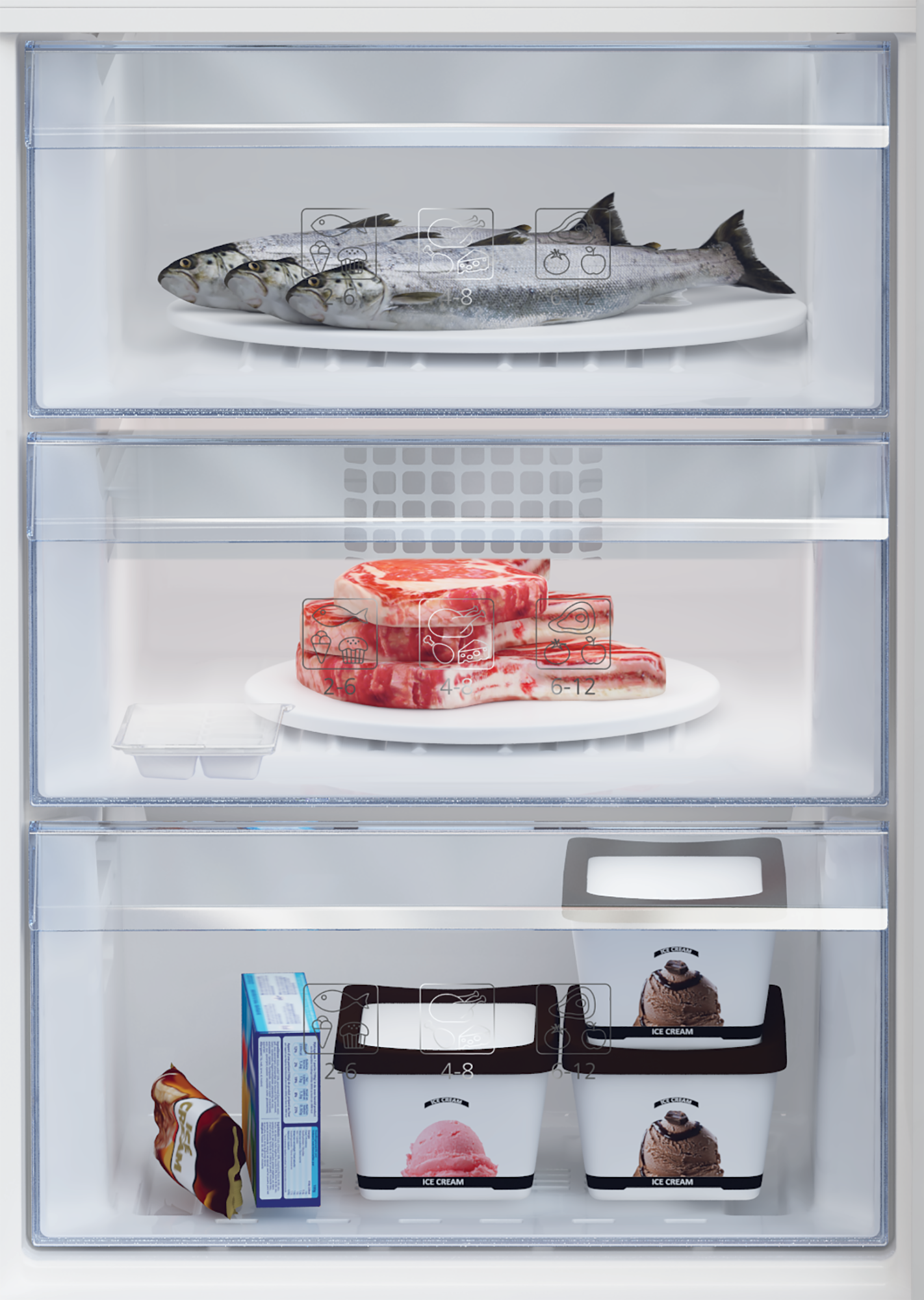 Kühlschrank mit drei Regalen: Fisch, Steaks und Eis. Klare Glasböden. Weißer Innenraum.