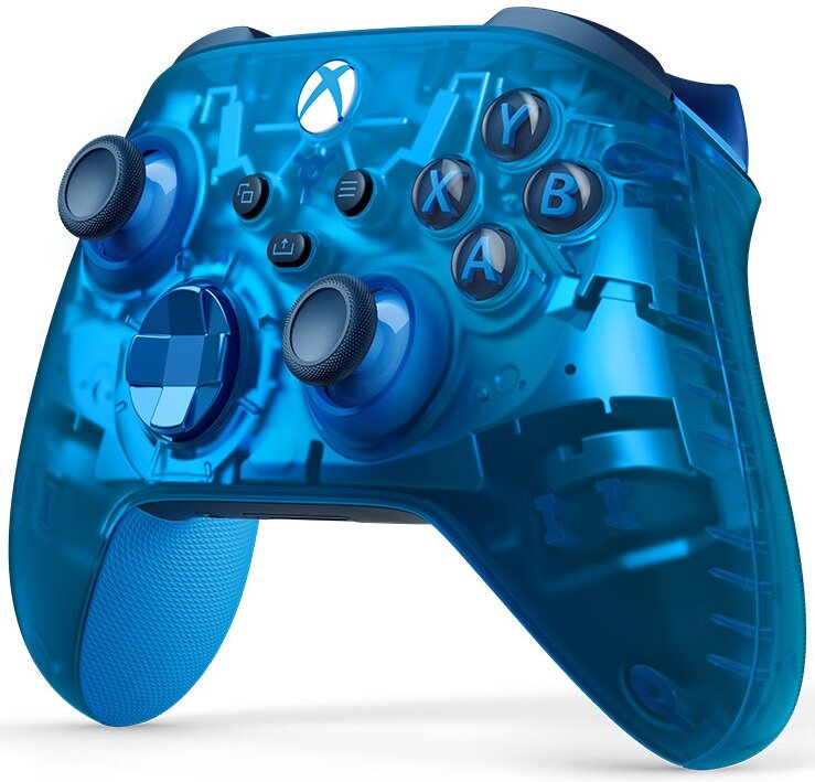 Niebieski, przezroczysty kontroler Xbox z widocznymi przyciskami, pokazujący mechanizm wewnętrzny.