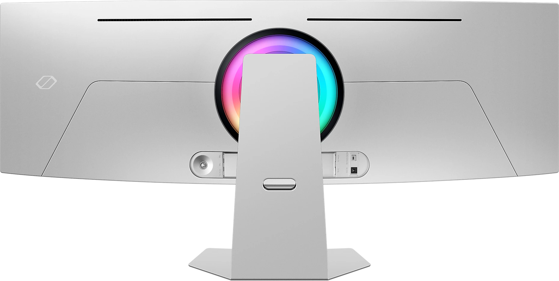 Egy monitor hátulja, amely a tartót és a portokat mutatja, RGB gyűrűs fénnyel.