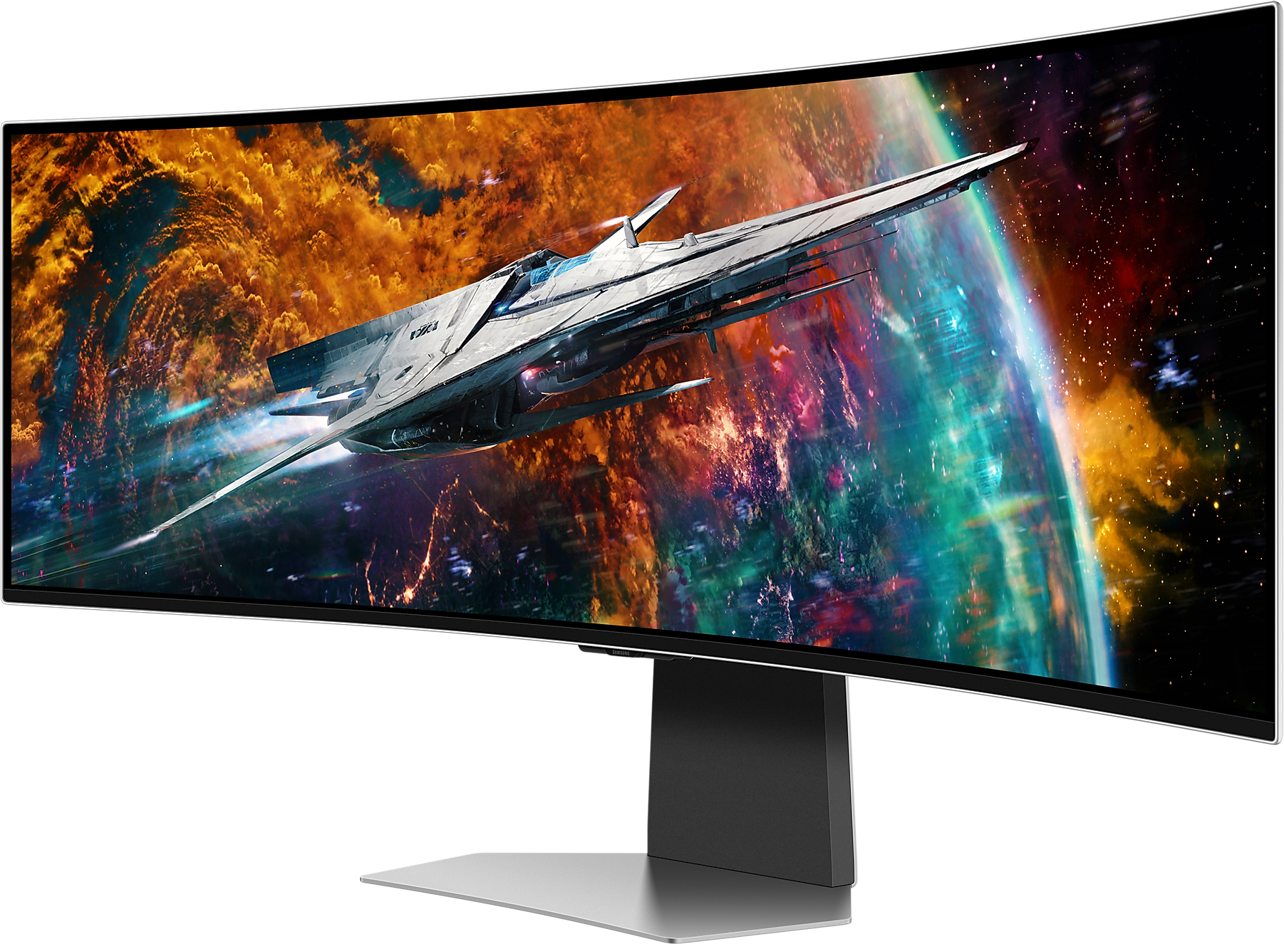 Ívelt monitor űrhajóval az űrben. Fekete háttér és ezüst keret.