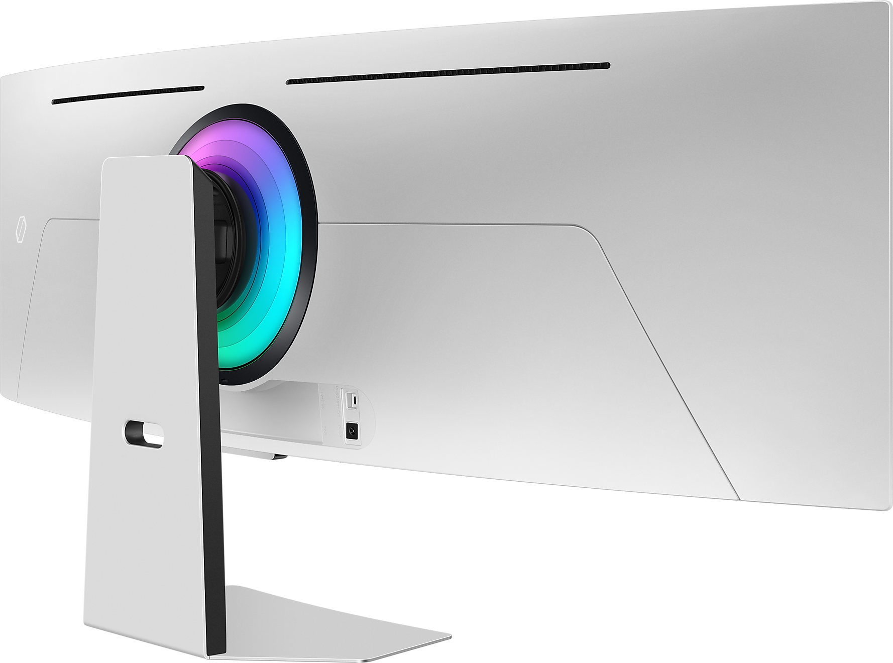 Fehér ultraszéles monitor színváltó fénnyel, hátulról megdöntve.