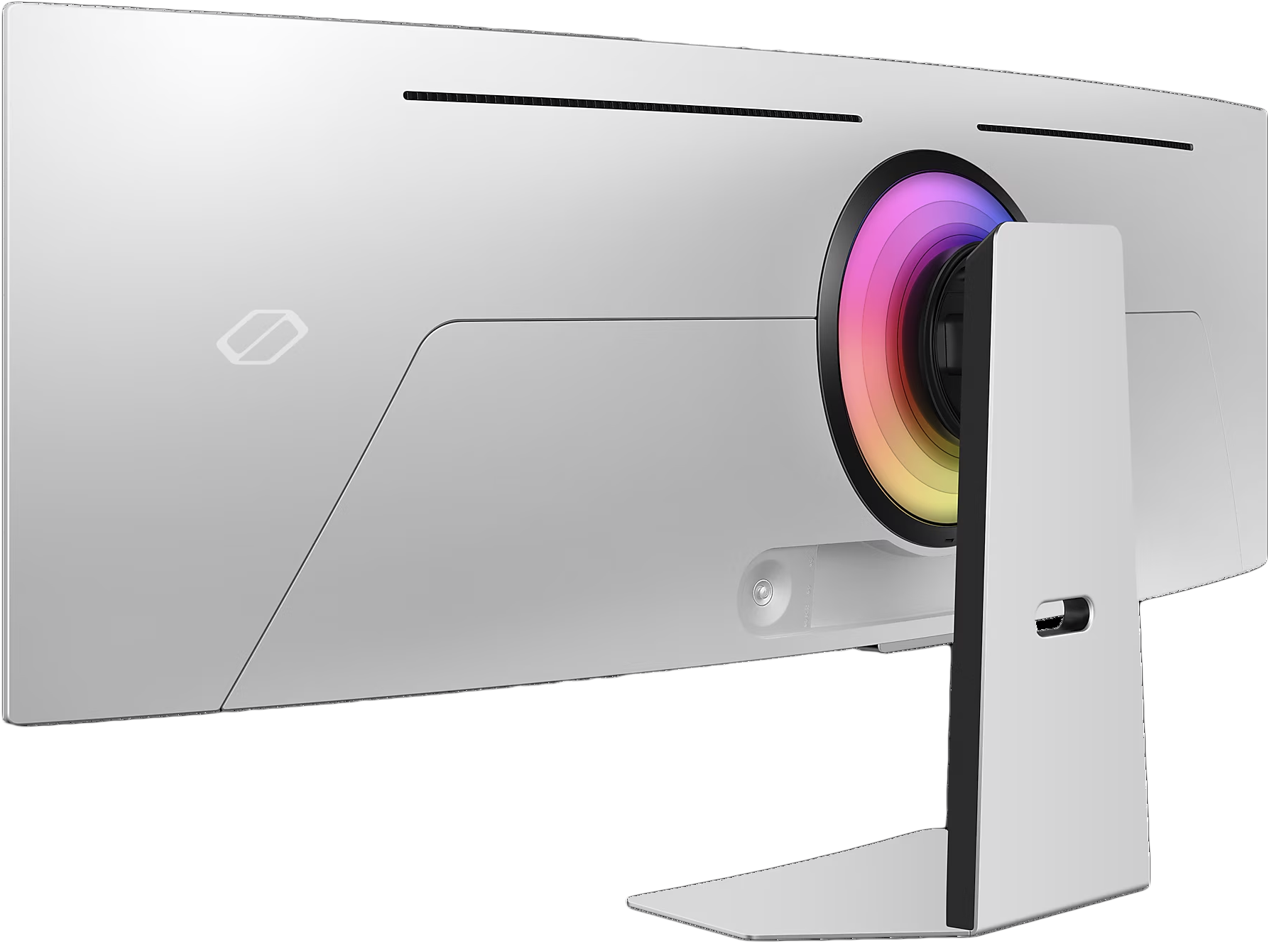 Fehér ívelt monitor. A hátulján az állvány és a portok láthatók színes fényekkel.