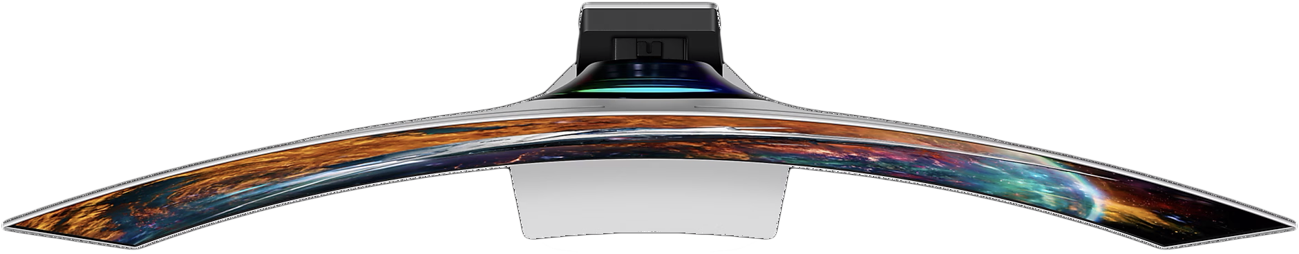 Egy ívelt monitortalp, amely egy színes galaxist jelenít meg. A képernyő fekete.