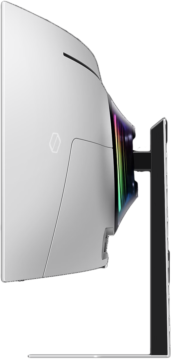 Fehér ívelt monitor fekete állvánnyal, oldalsó nézet, színes fényekkel a szélen. Fekete háttér.