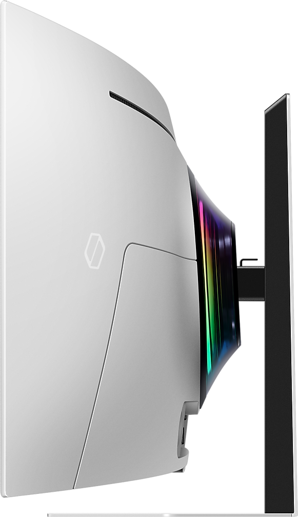 Fehér ívelt monitor oldalsó nézete fekete állvánnyal. Többszínű fények a képernyő szélén.