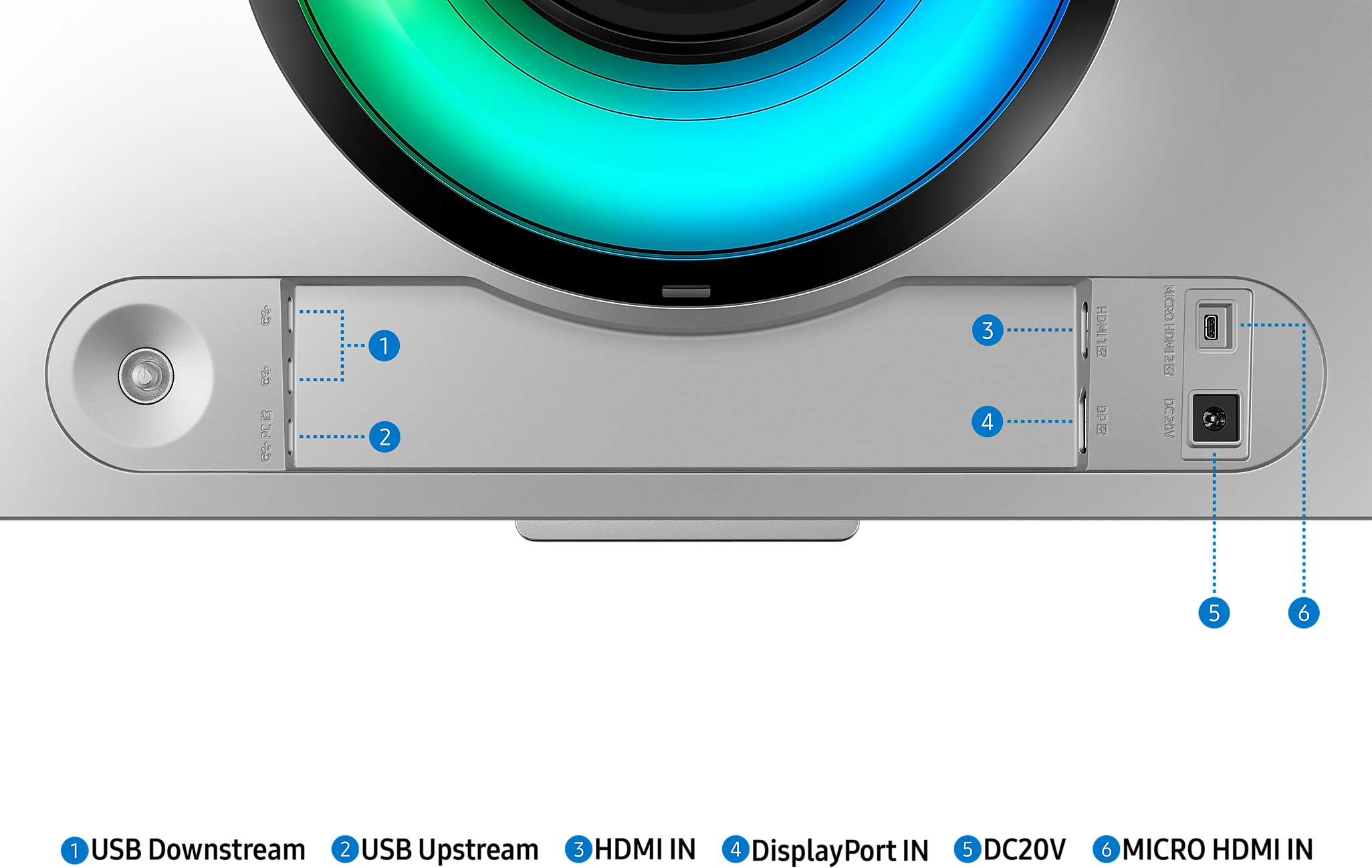 Felülnézet egy eszközről portokkal és gombokkal. Fekete háttér.