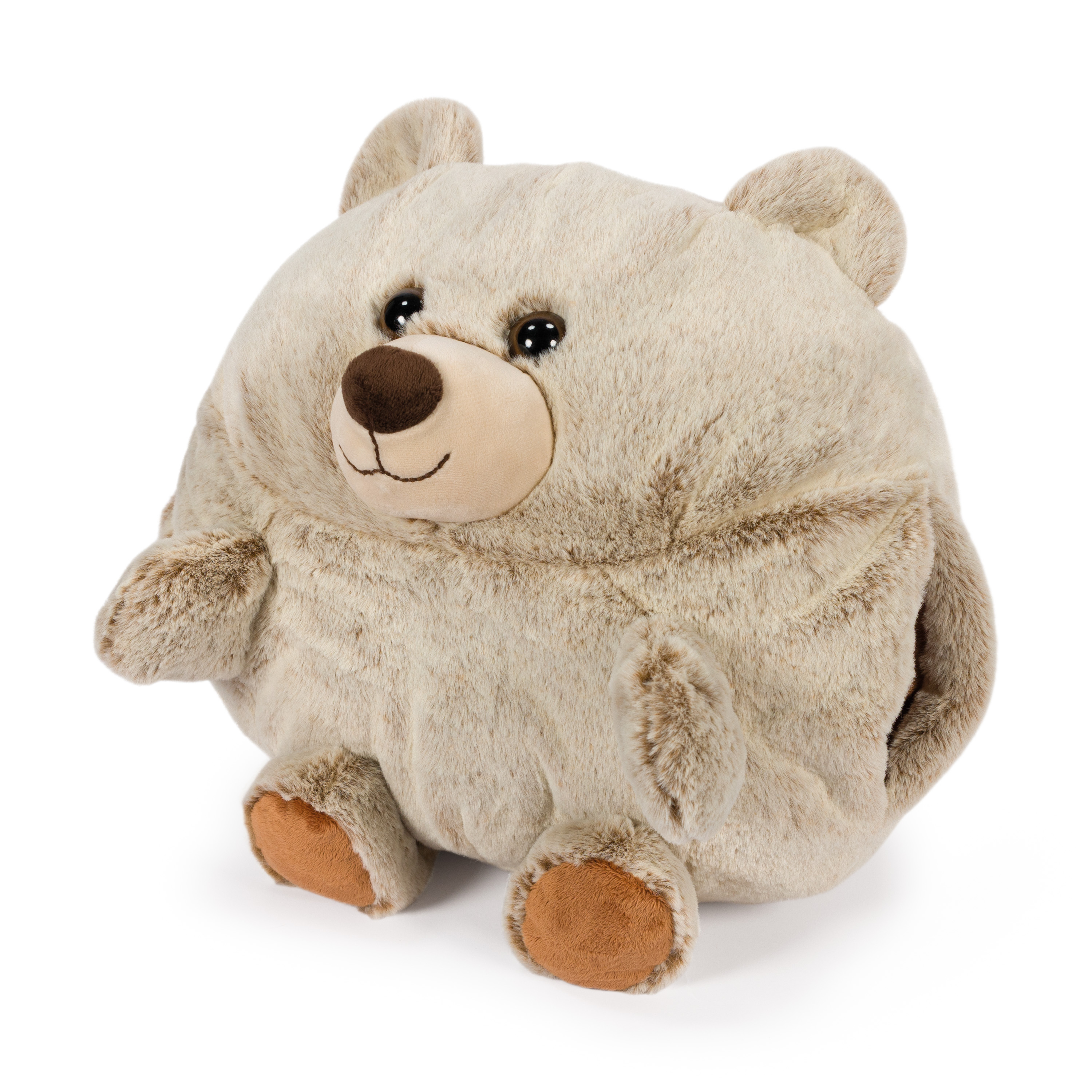 Ein Stoffbär in Beige mit brauner Nase und Augen und einem runden Körper.