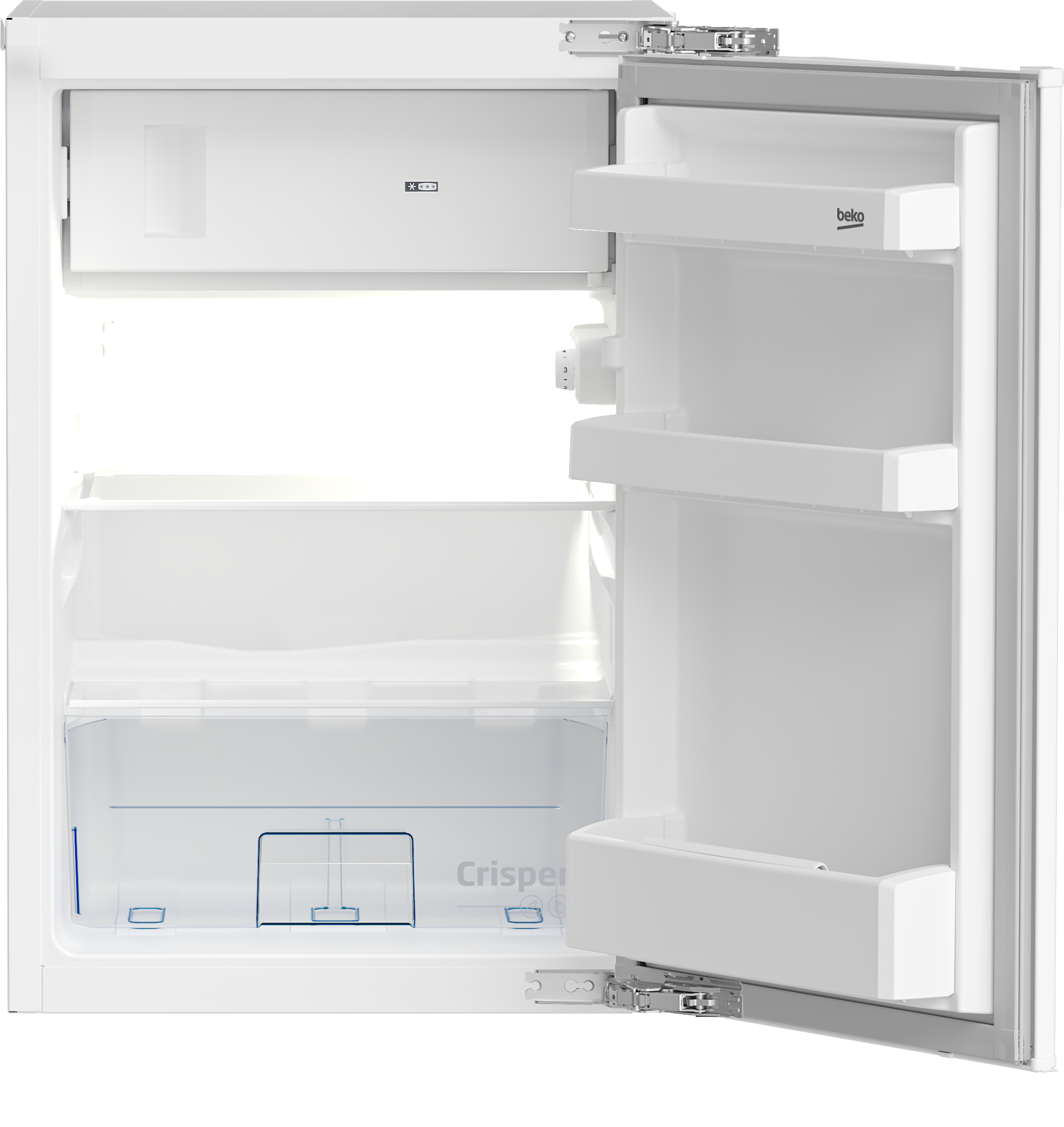Offener weißer Kühlschrank mit Regalen und Schubladen.