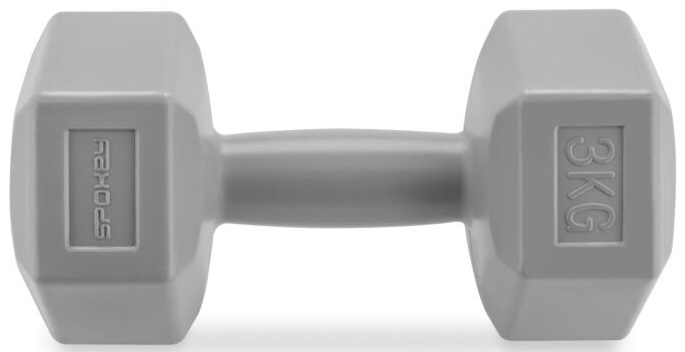Szara hantla o sześciokątnym kształcie, z widocznym napisem SPOKEY z boku.