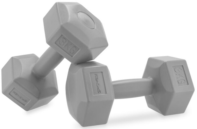 Dwie szare hantle, każda oznaczona '3KG', na białym tle. Jedna spoczywa na drugiej.