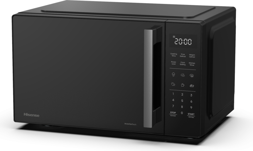 Egy fekete mikrohullámú sütő digitális kijelzővel, amely az időt mutatja. A vezérlőpanel és a Hisense logó is látható.