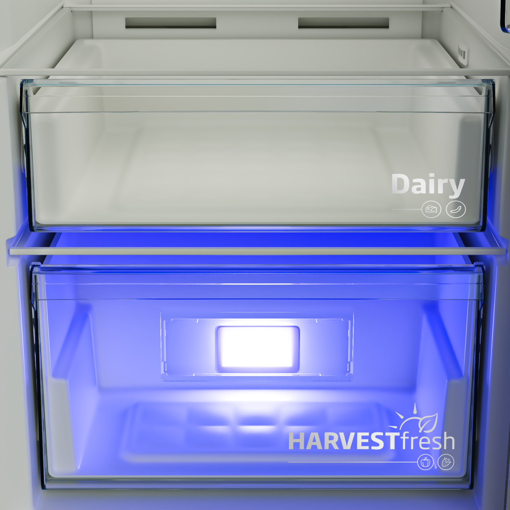 Két hűtőfiók közelképe. A felsőn a 'Dairy', az alsón a 'HarvestFresh' felirat látható.