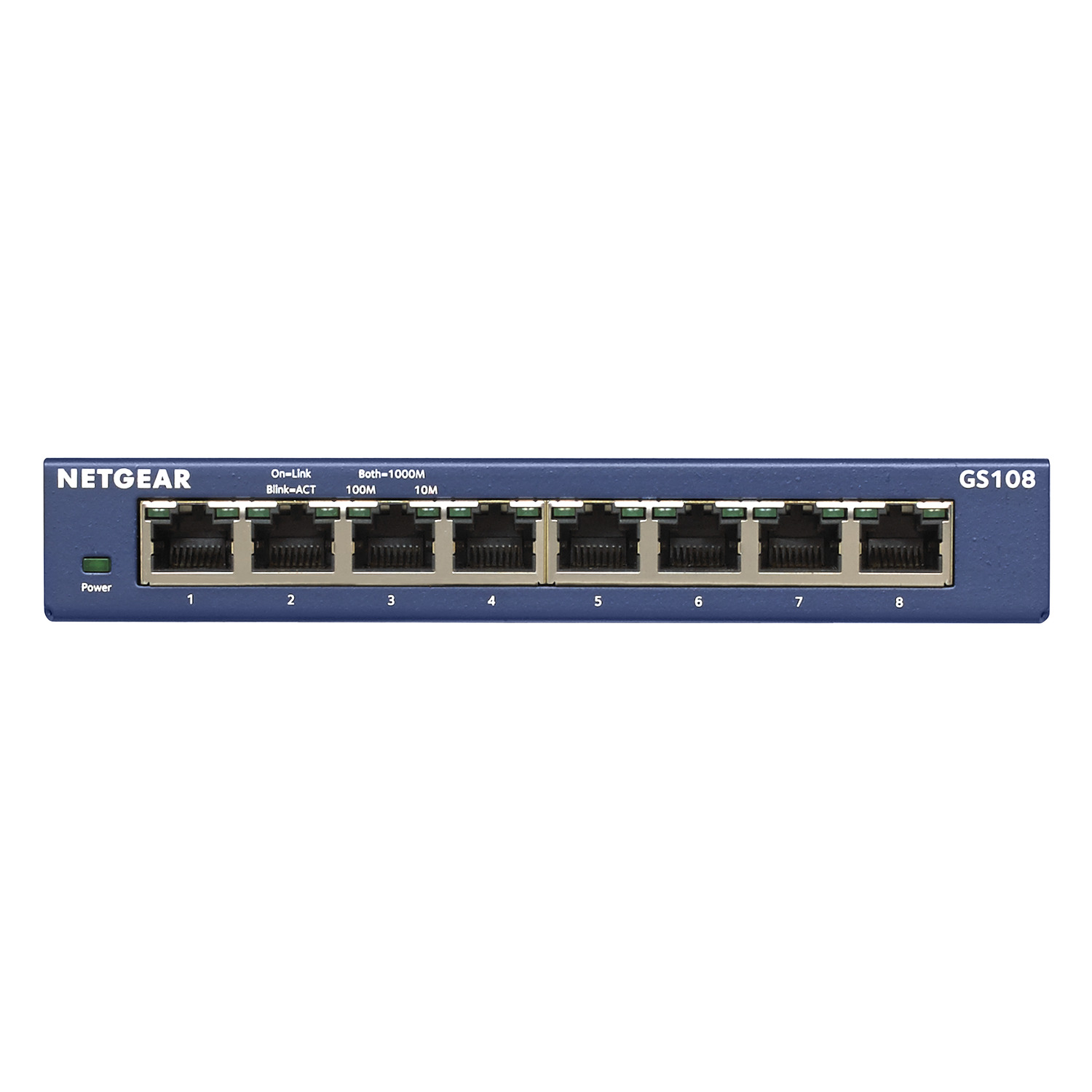 Switch Netgear GS108, bleu, avec ports et LED, sur fond blanc.