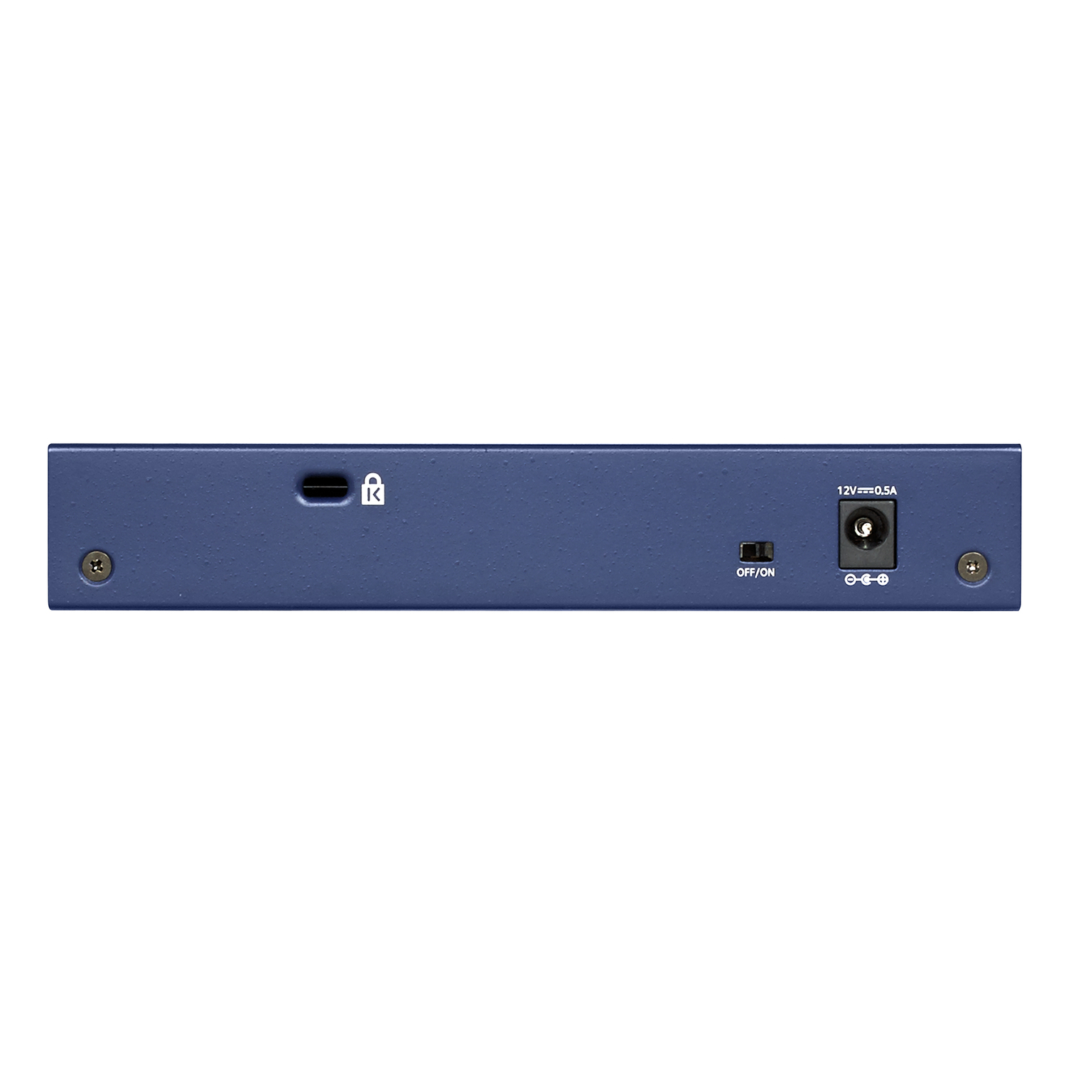 Un appareil réseau bleu avec des ports et des connexions. L'arrière a un interrupteur marche/arrêt et une entrée d'alimentation.