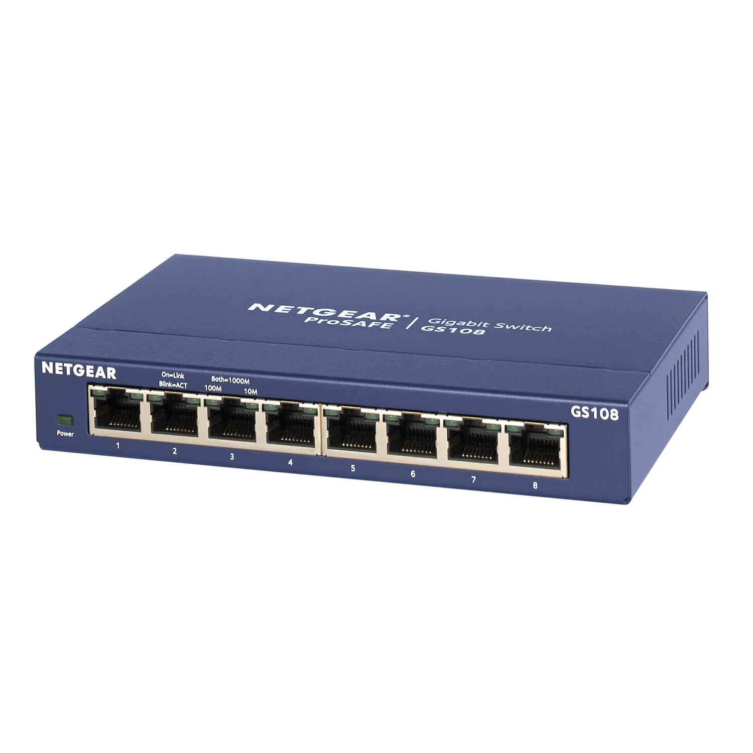 Un commutateur Gigabit Netgear ProSafe GS108 bleu, avec 8 ports et des voyants d'alimentation.