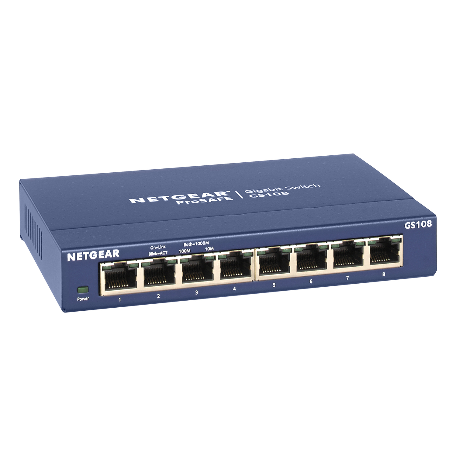 Commutateur Gigabit NETGEAR ProSAFE GS108 bleu. Il dispose de huit ports, d'indicateurs d'alimentation et d'activité.
