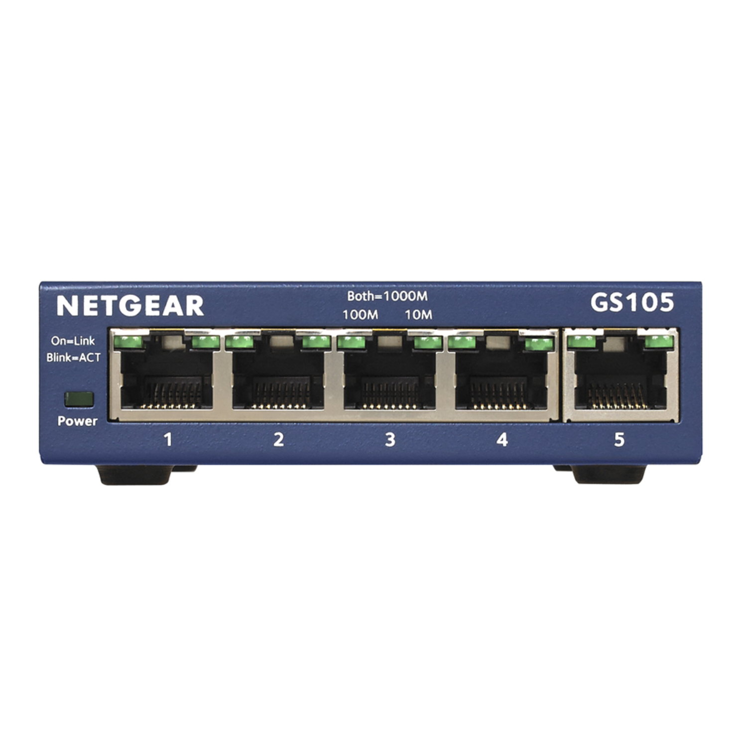 Un commutateur Netgear bleu avec cinq ports. Numéros 1 à 5 étiquetés.