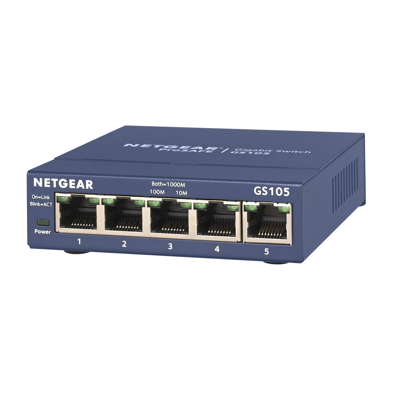 Un commutateur réseau Netgear GS105 bleu avec cinq ports numérotés. Le mot NETGEAR est écrit en haut.