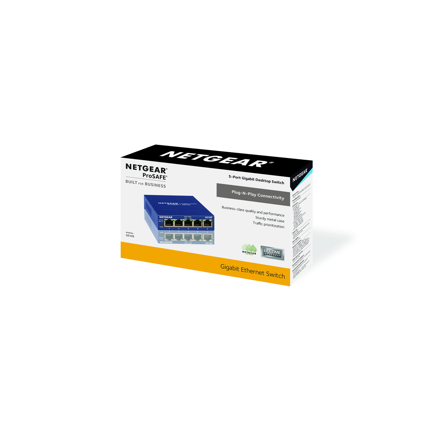 Une boîte d'un commutateur de bureau Gigabit 5 ports NETGEAR ProSAFE sur blanc.