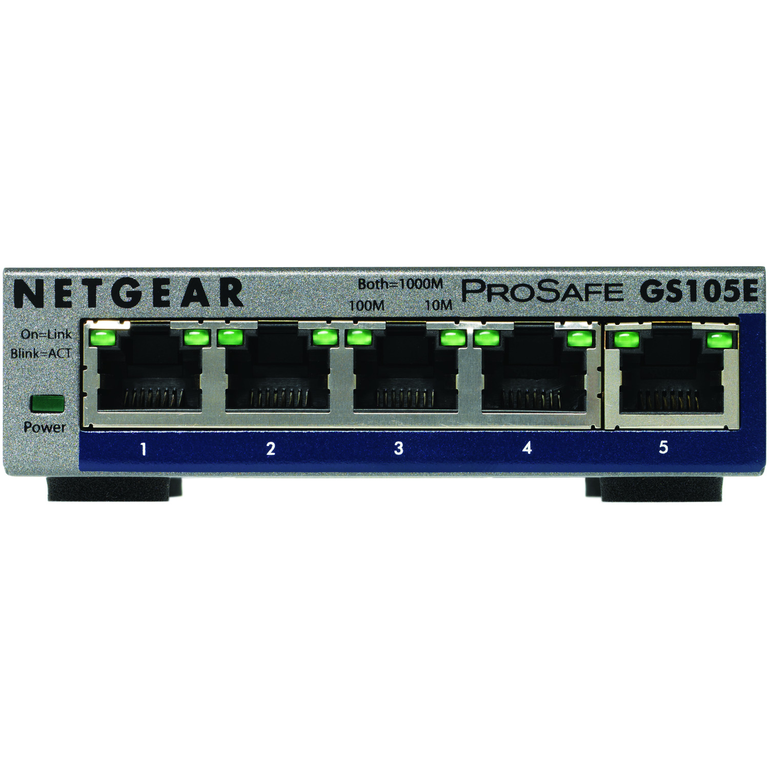Commutateur réseau Netgear ProSafe GS105E, avec 5 ports et lumières vertes.