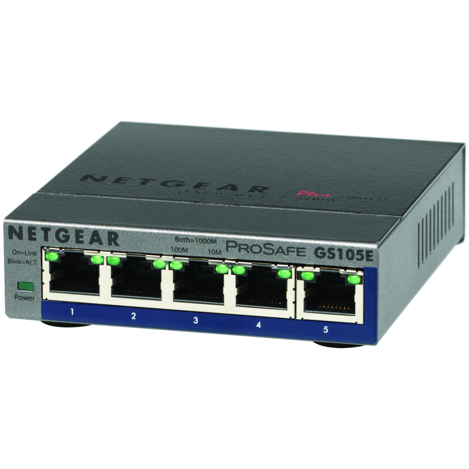 Un petit commutateur réseau gris et noir. Le mot NETGEAR est visible. Cinq ports sont disponibles.
