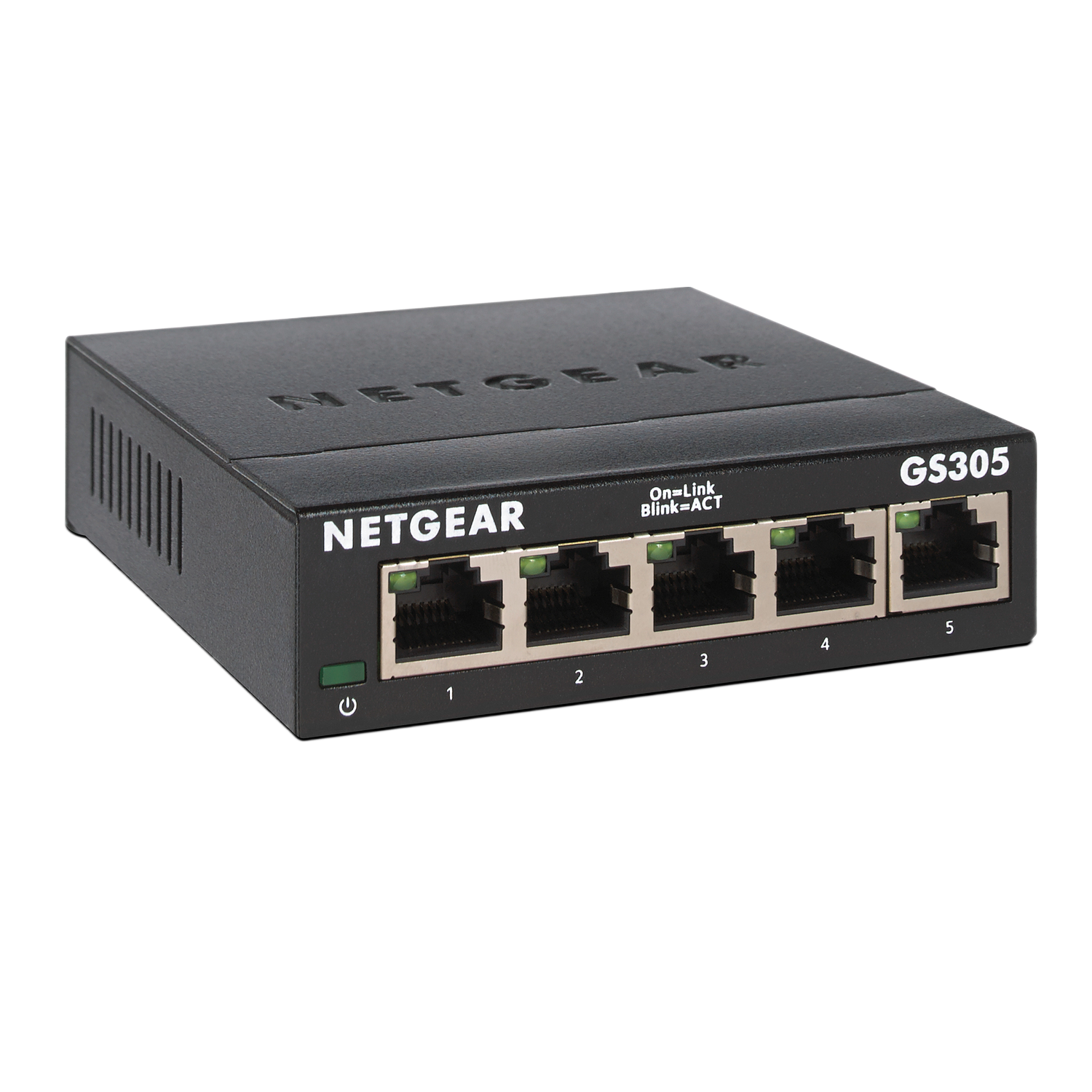Commutateur réseau NETGEAR GS305 noir. Cinq ports Ethernet avec voyants verts, bouton d'alimentation.