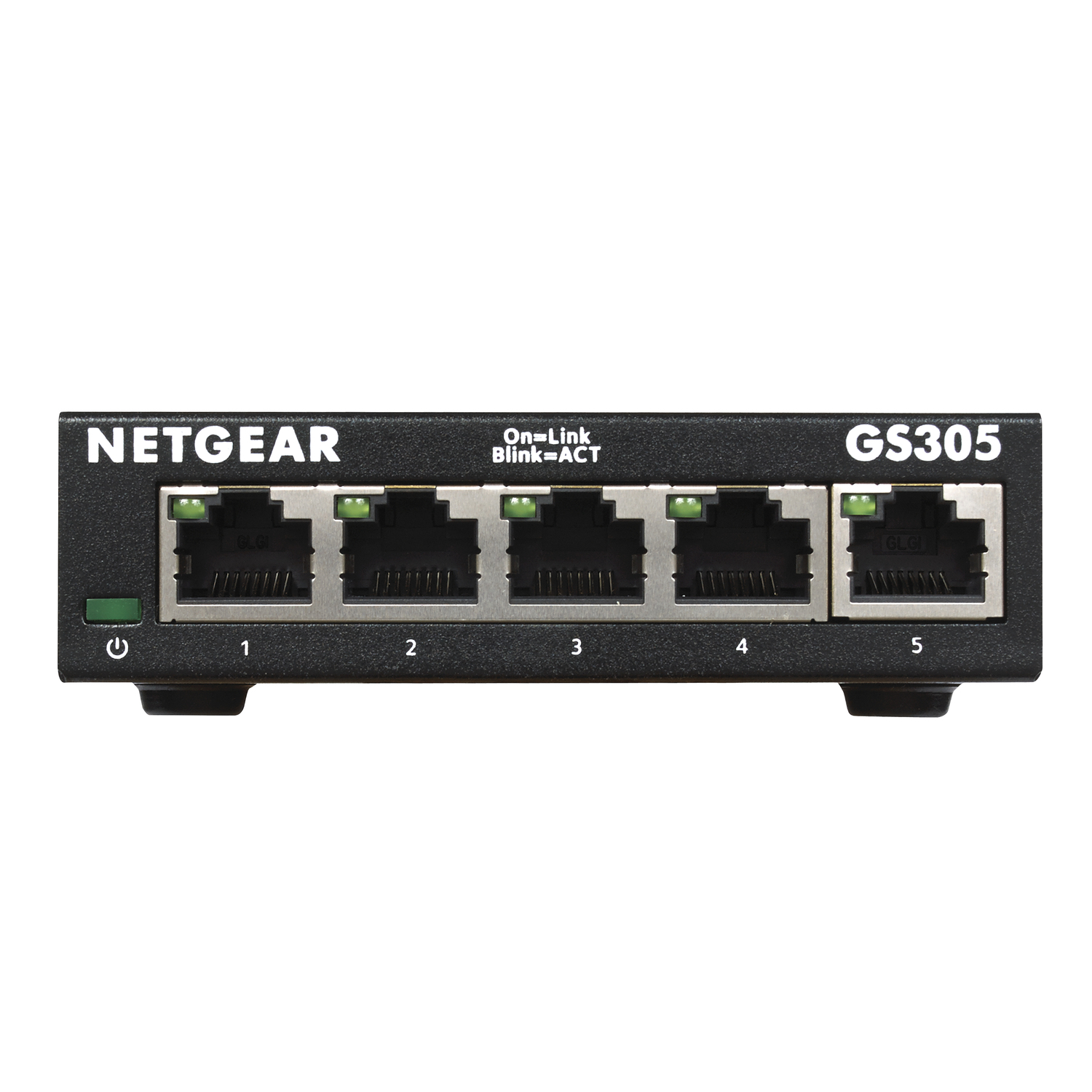 Un commutateur réseau noir. Il possède cinq ports et la marque NETGEAR sur le dessus.