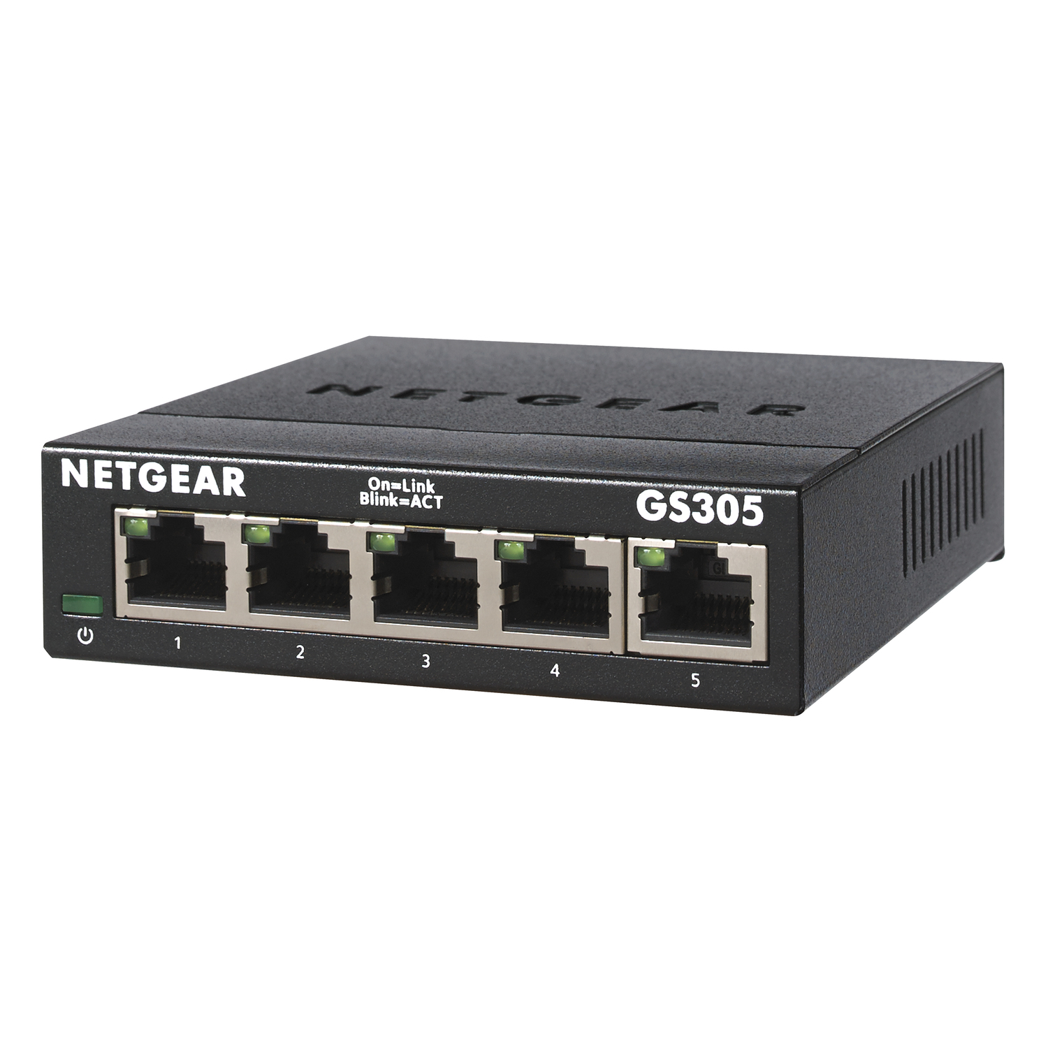 Commutateur réseau NETGEAR GS305 noir avec 5 ports et voyants indicateurs.