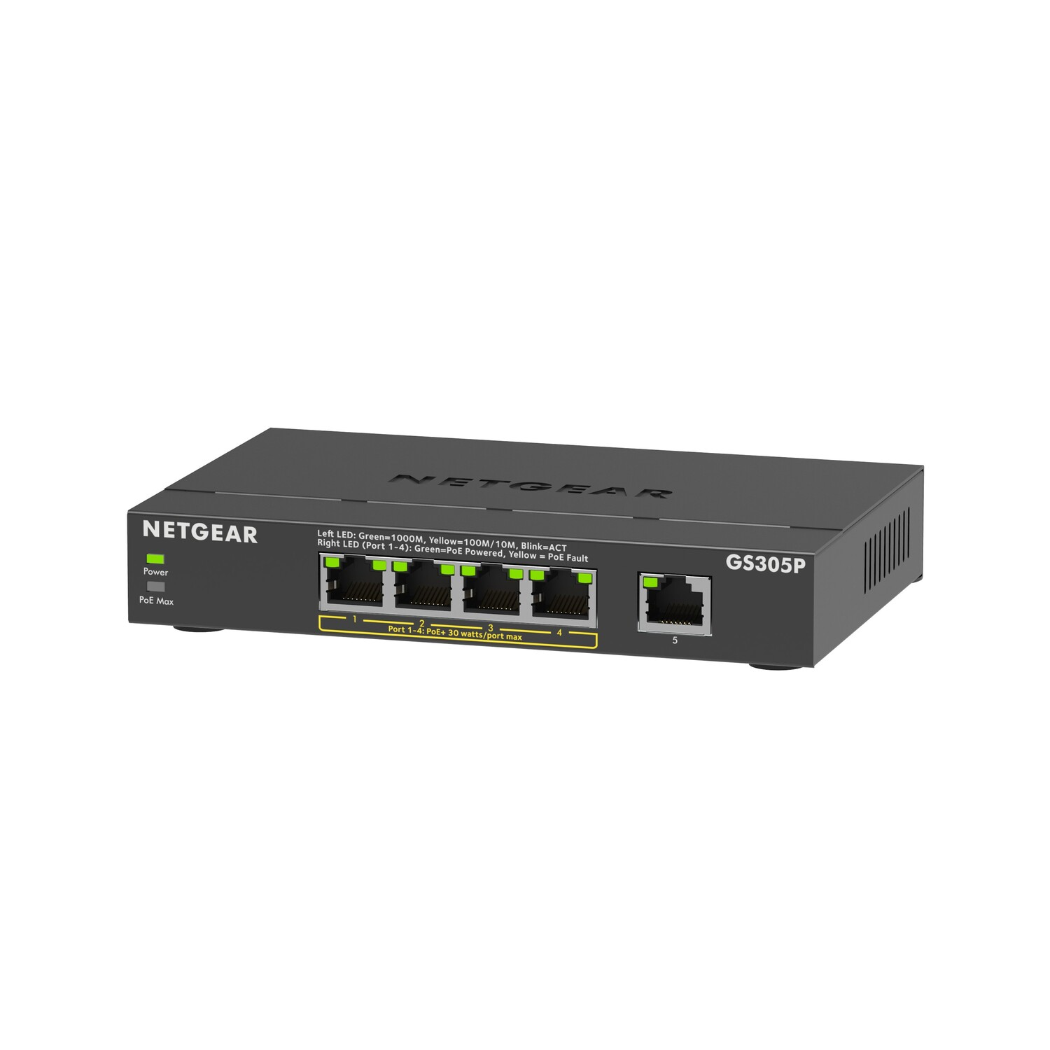 A black Netgear network switch with five ports and LED indicators. The switch is on a white surface.