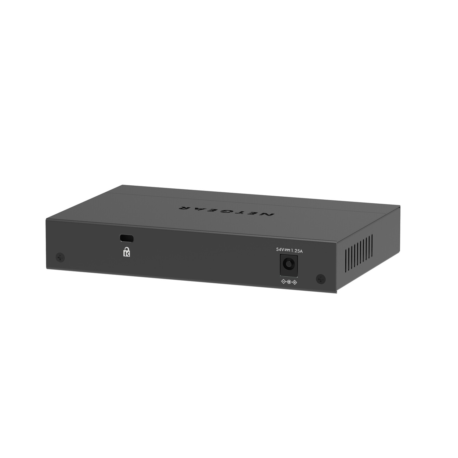 Black Netgear switch. Front shows Netgear logo and port. Power input on the right. White background.