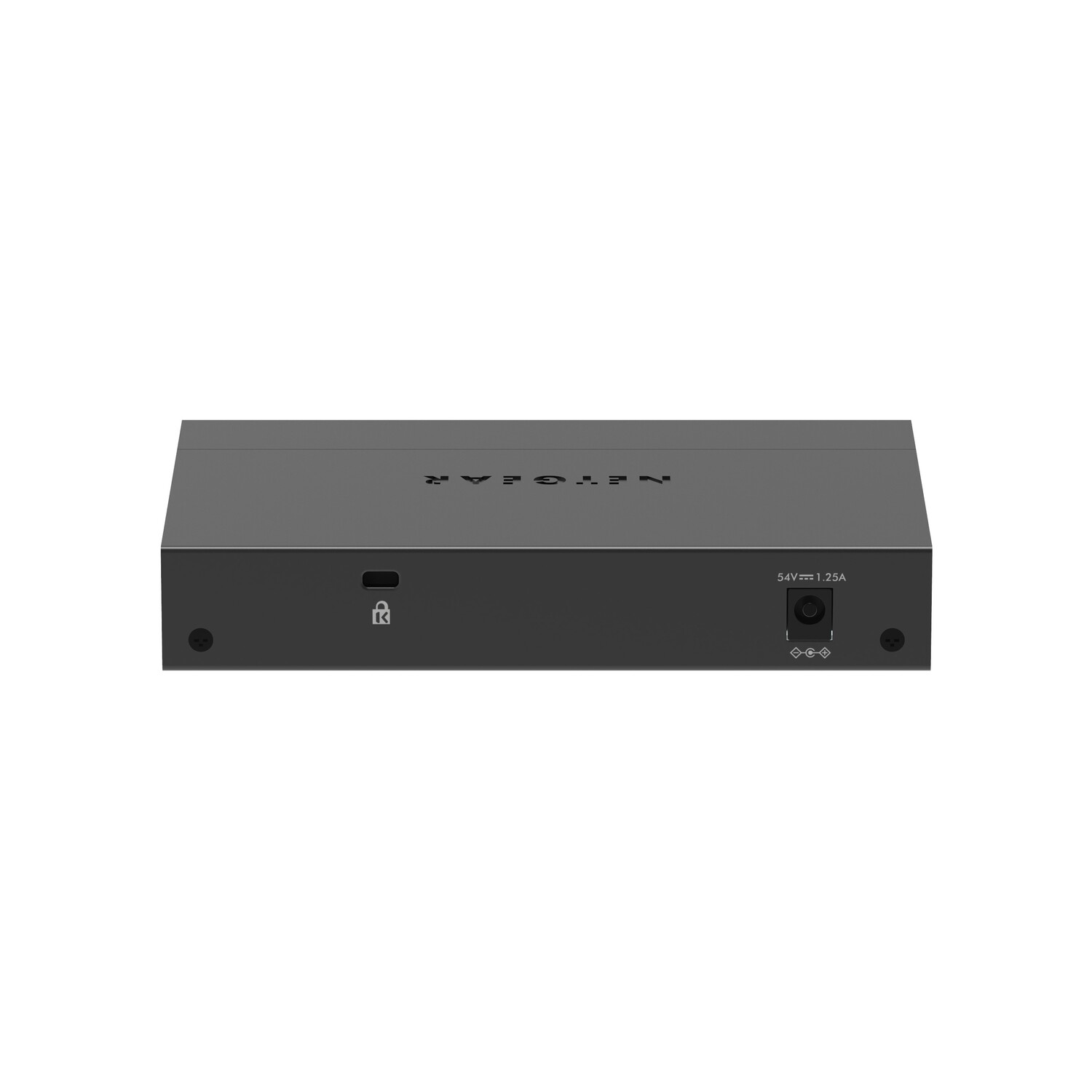 Black Netgear network switch with ports and power inputs. The brand name is at the top.